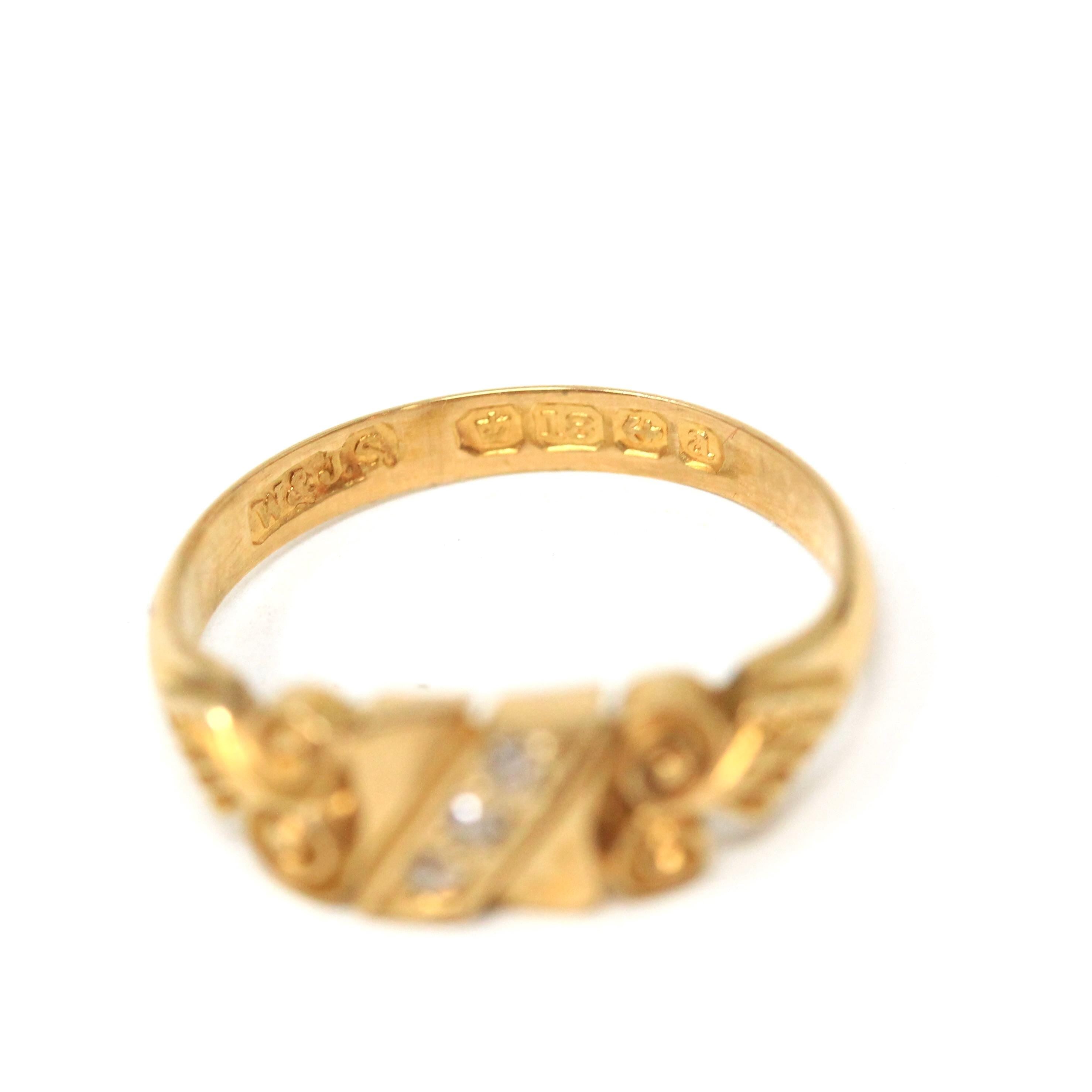 Antique Diamond Ring - Victorian 18k Yellow Gold .06 CTW Natural Diamond Band - Dated 1900 Size 7 1/2 Etruscan Revival Scroll Fine Jewelry