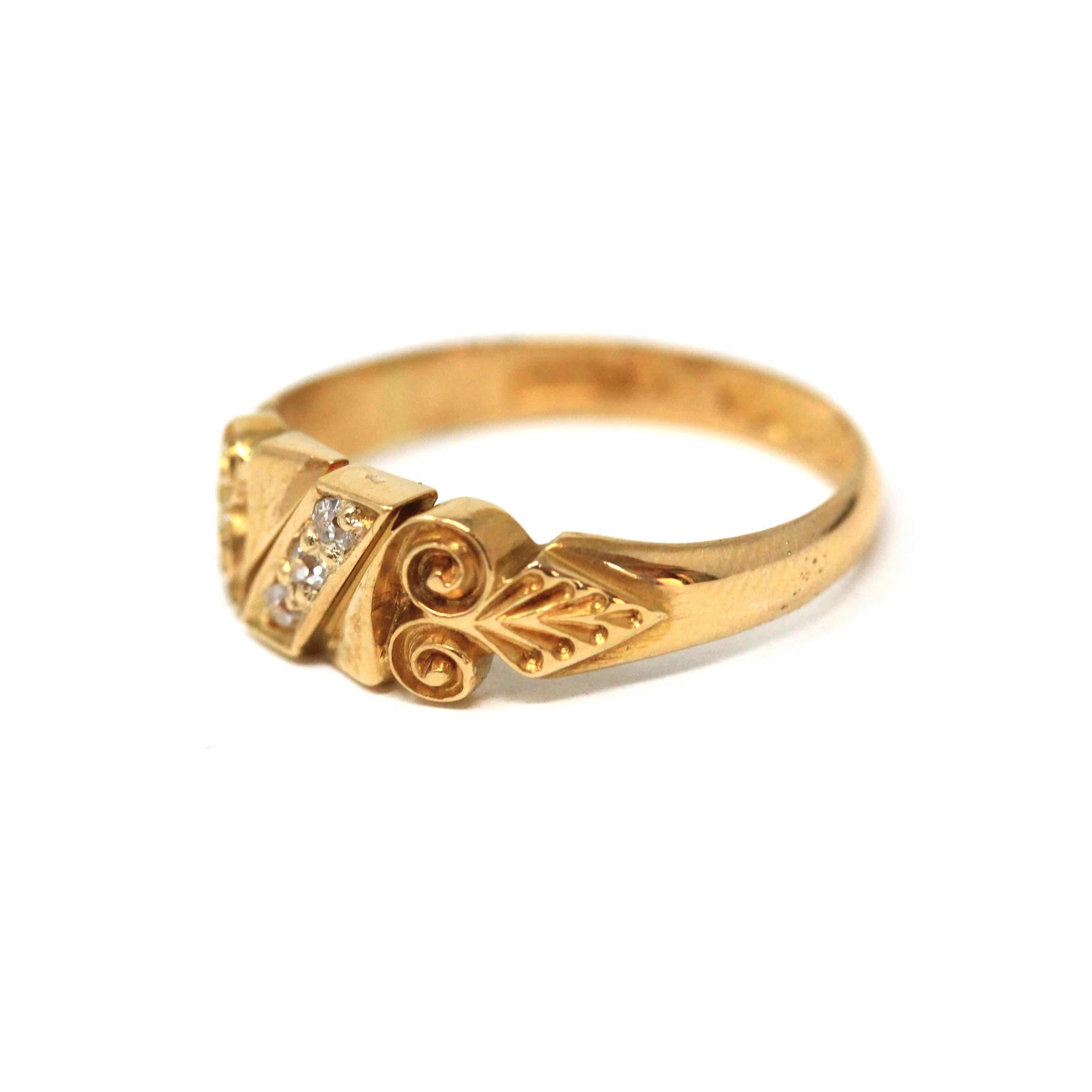 Antique Diamond Ring - Victorian 18k Yellow Gold .06 CTW Natural Diamond Band - Dated 1900 Size 7 1/2 Etruscan Revival Scroll Fine Jewelry