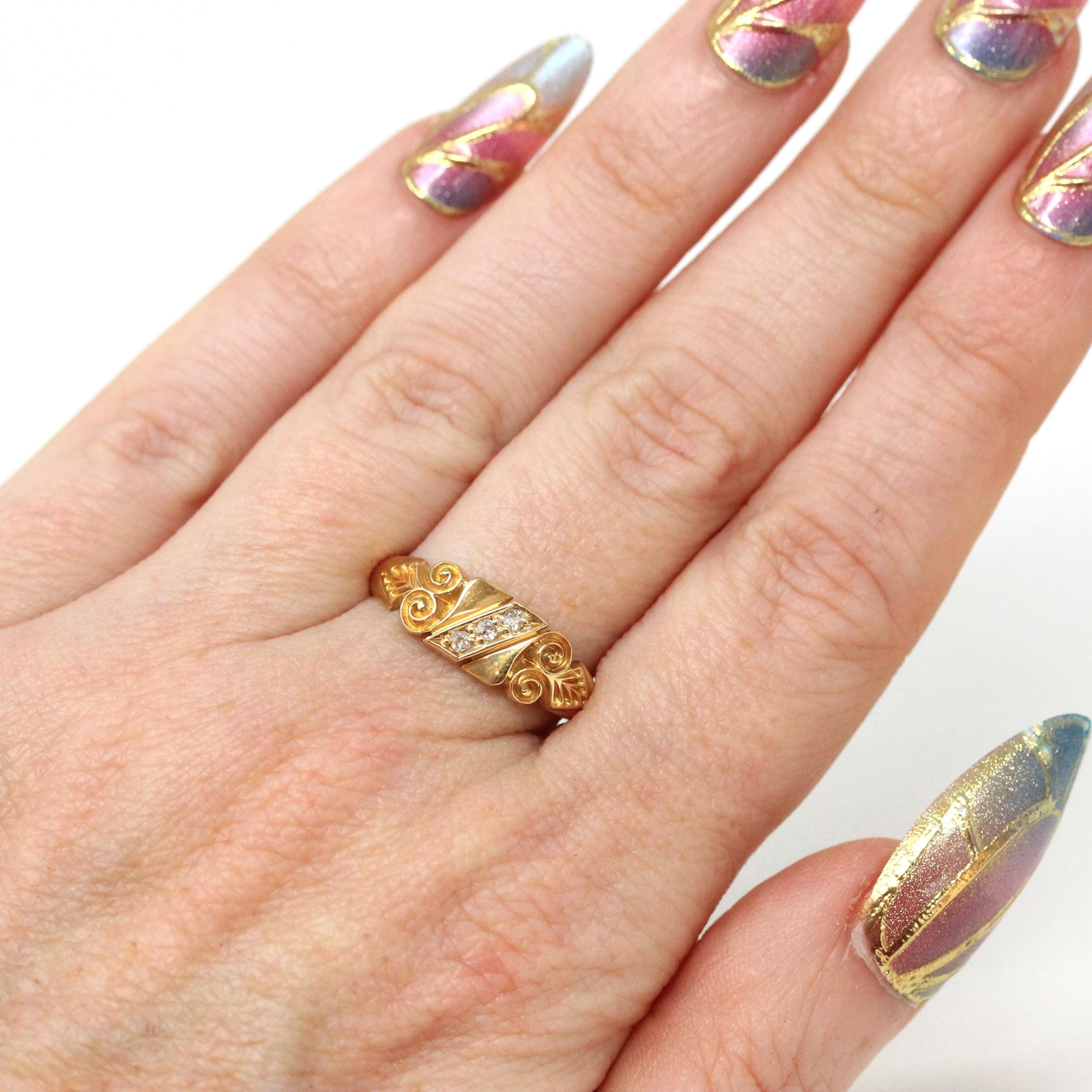 Antique Diamond Ring - Victorian 18k Yellow Gold .06 CTW Natural Diamond Band - Dated 1900 Size 7 1/2 Etruscan Revival Scroll Fine Jewelry