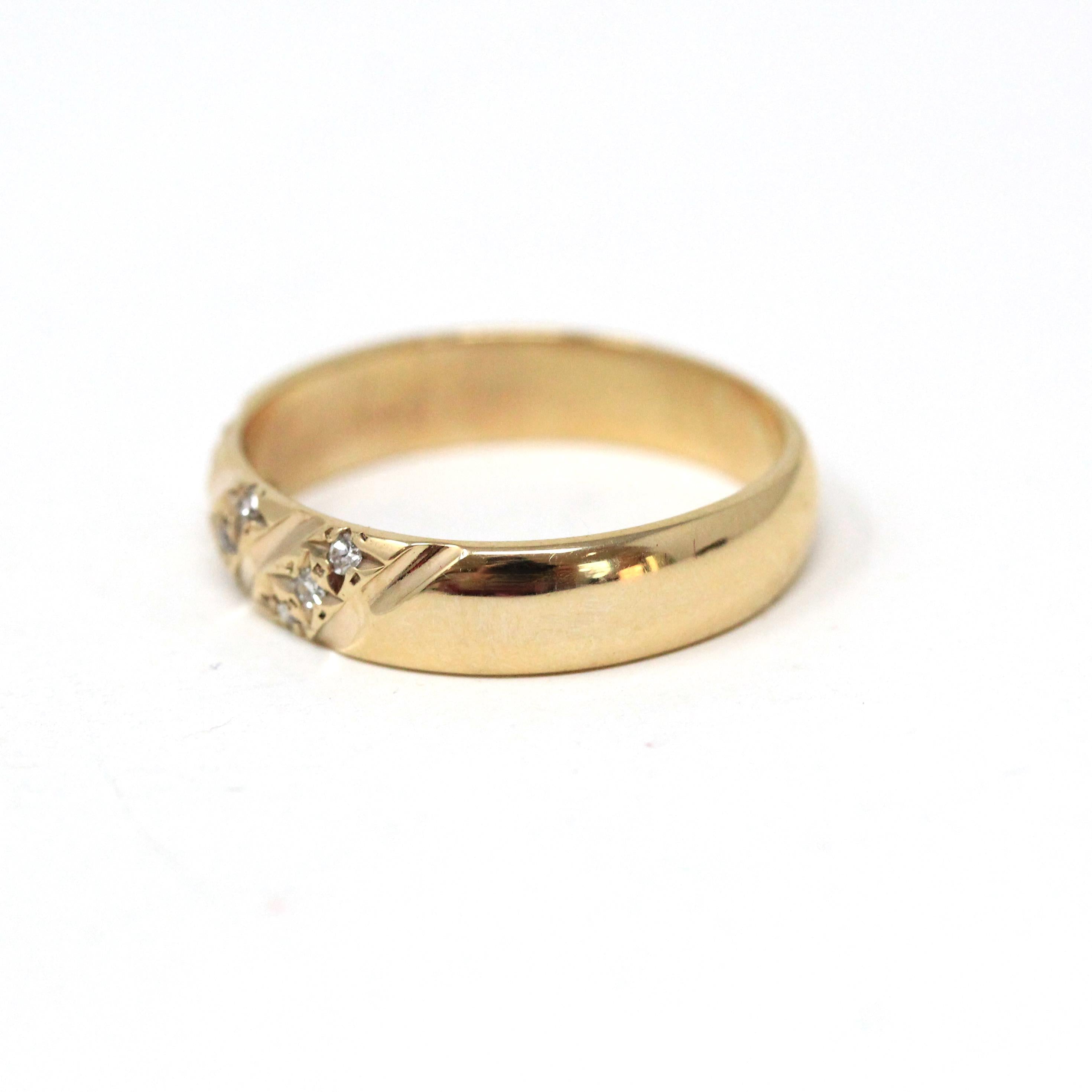 Retro Star Incised Band - Vintage 9k Yellow Gold .11 CTW Natural Diamonds Ring - Circa 1980s Celestial Inspired Size 7 Fine Bridal Jewelry