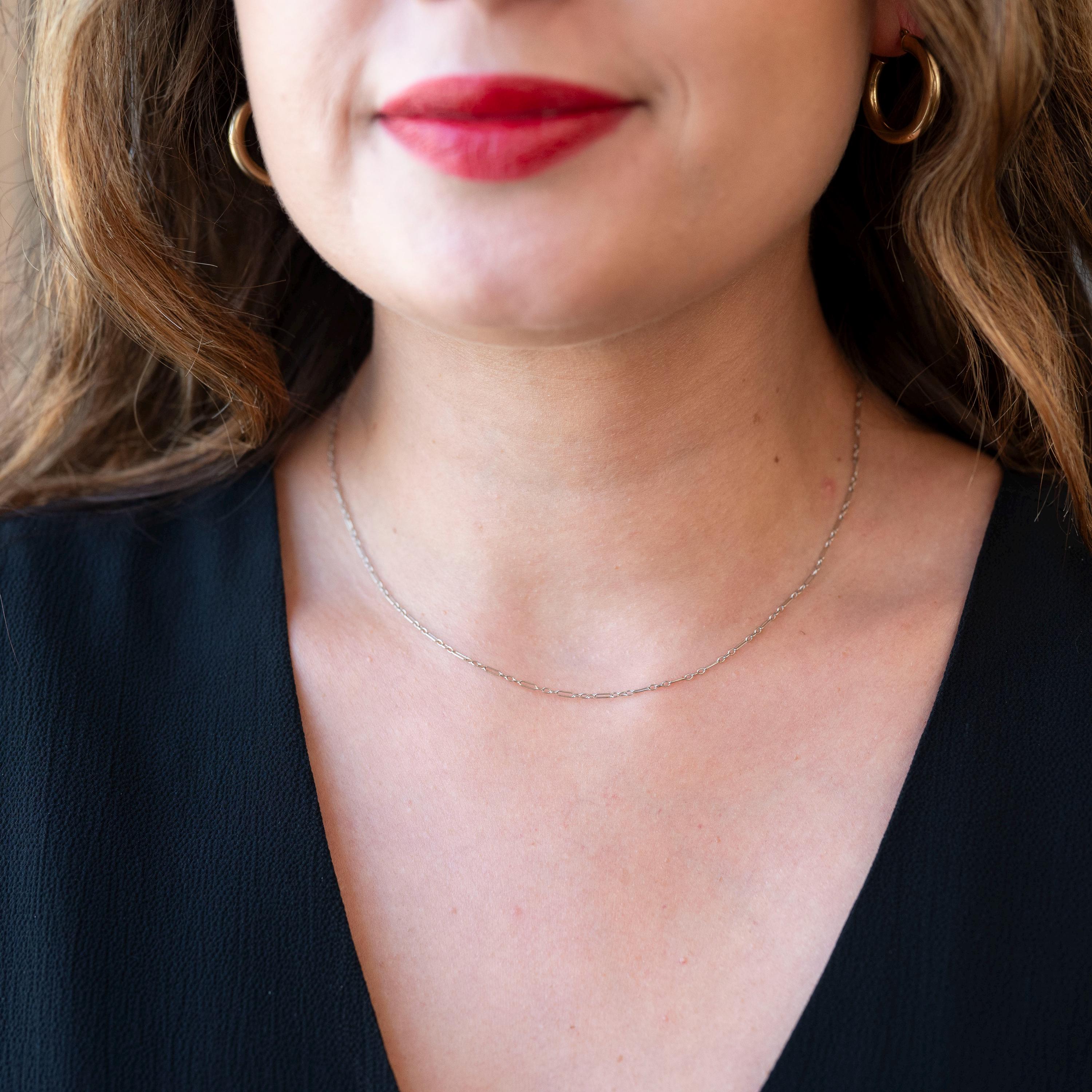 Vintage Chain Necklace - Art Deco 14k White Gold Decorative Paper Clip Link - Circa 1920s Era Spring Ring Clasp Dainty Accessory Jewelry