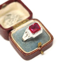 Art Deco Ring - 10k White Gold Emerald Cut Pink Red Created Ruby Gemstone - Vintage Circa 1930s Era Size 10 Unisex Fine Statement Jewelry