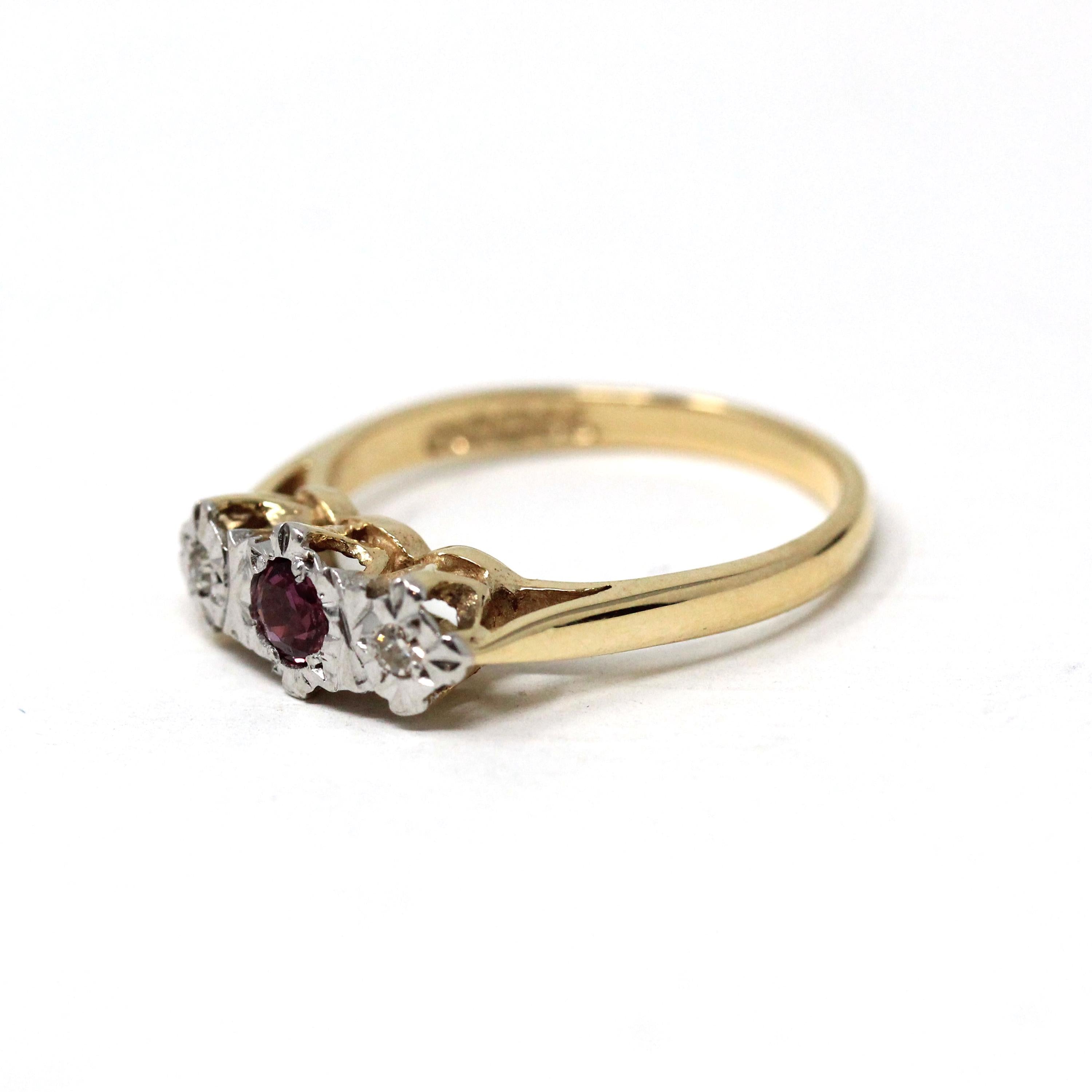 Vintage Three Stone Ring - Retro 9k Yellow White Gold Natural Red Ruby Diamond Band - Hallmarked 1977 Illusion Size 7 1/4 Fine Jewelry