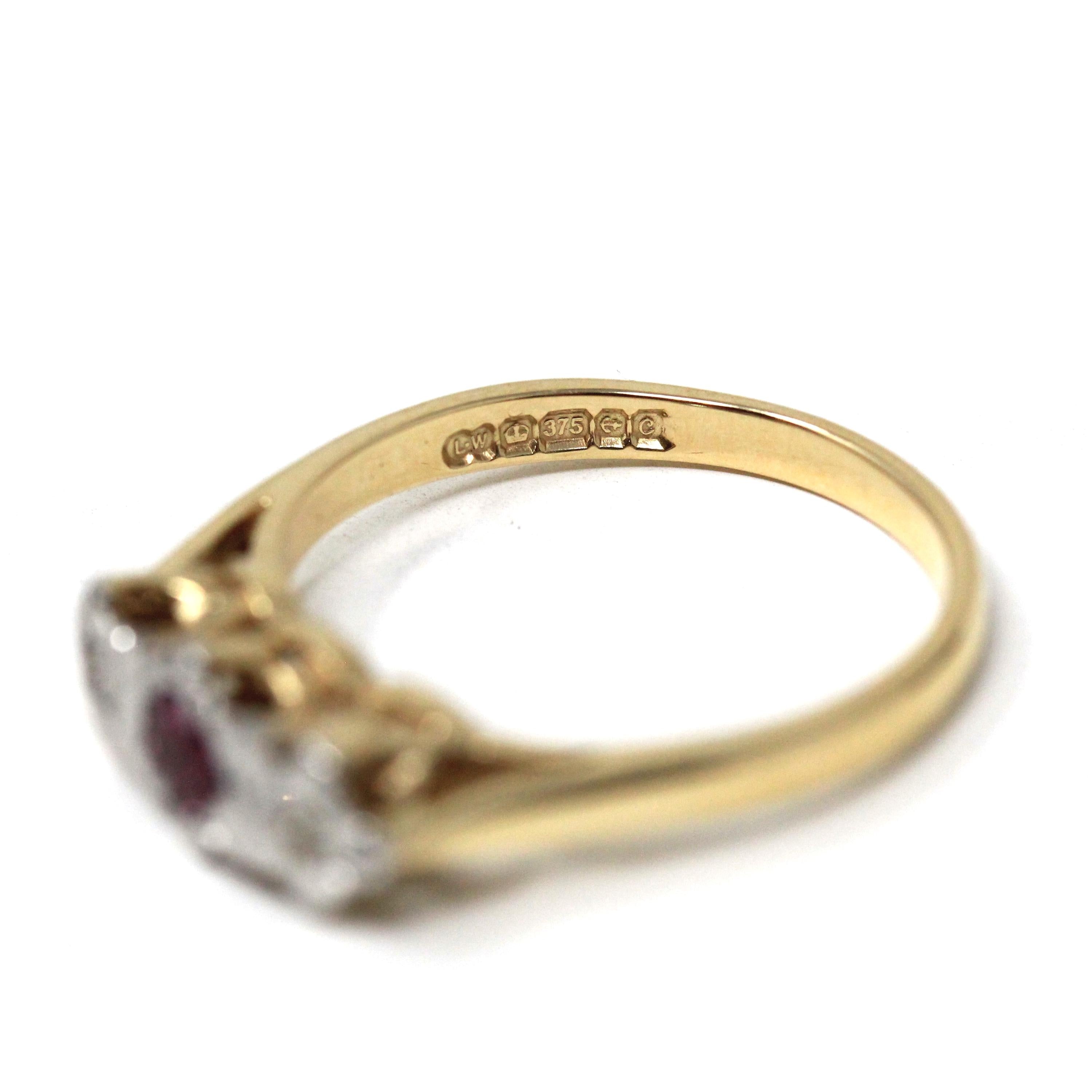 Vintage Three Stone Ring - Retro 9k Yellow White Gold Natural Red Ruby Diamond Band - Hallmarked 1977 Illusion Size 7 1/4 Fine Jewelry