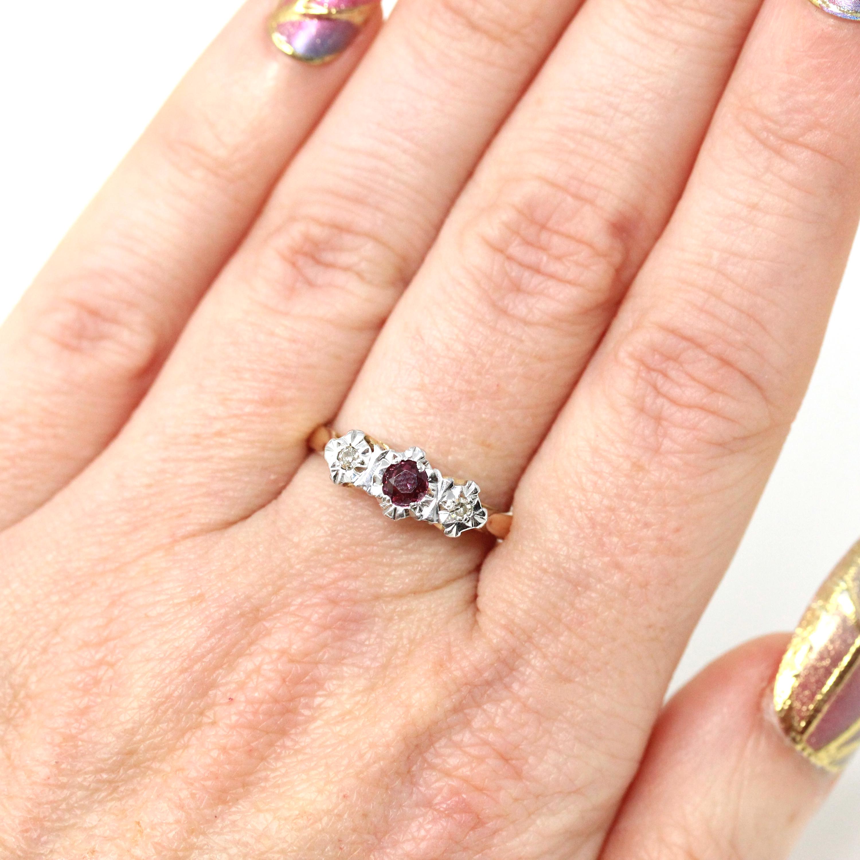 Vintage Three Stone Ring - Retro 9k Yellow White Gold Natural Red Ruby Diamond Band - Hallmarked 1977 Illusion Size 7 1/4 Fine Jewelry