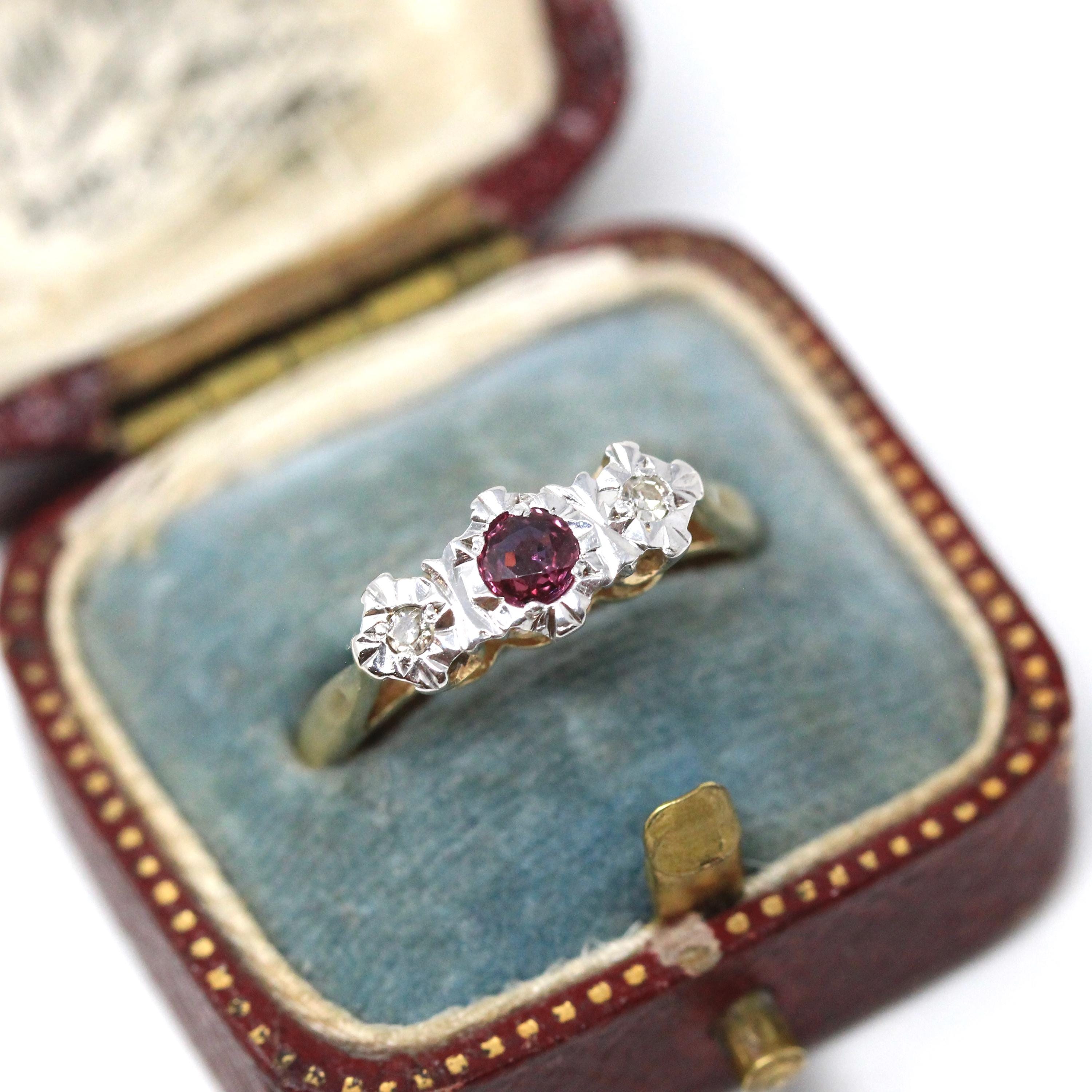 Vintage Three Stone Ring - Retro 9k Yellow White Gold Natural Red Ruby Diamond Band - Hallmarked 1977 Illusion Size 7 1/4 Fine Jewelry