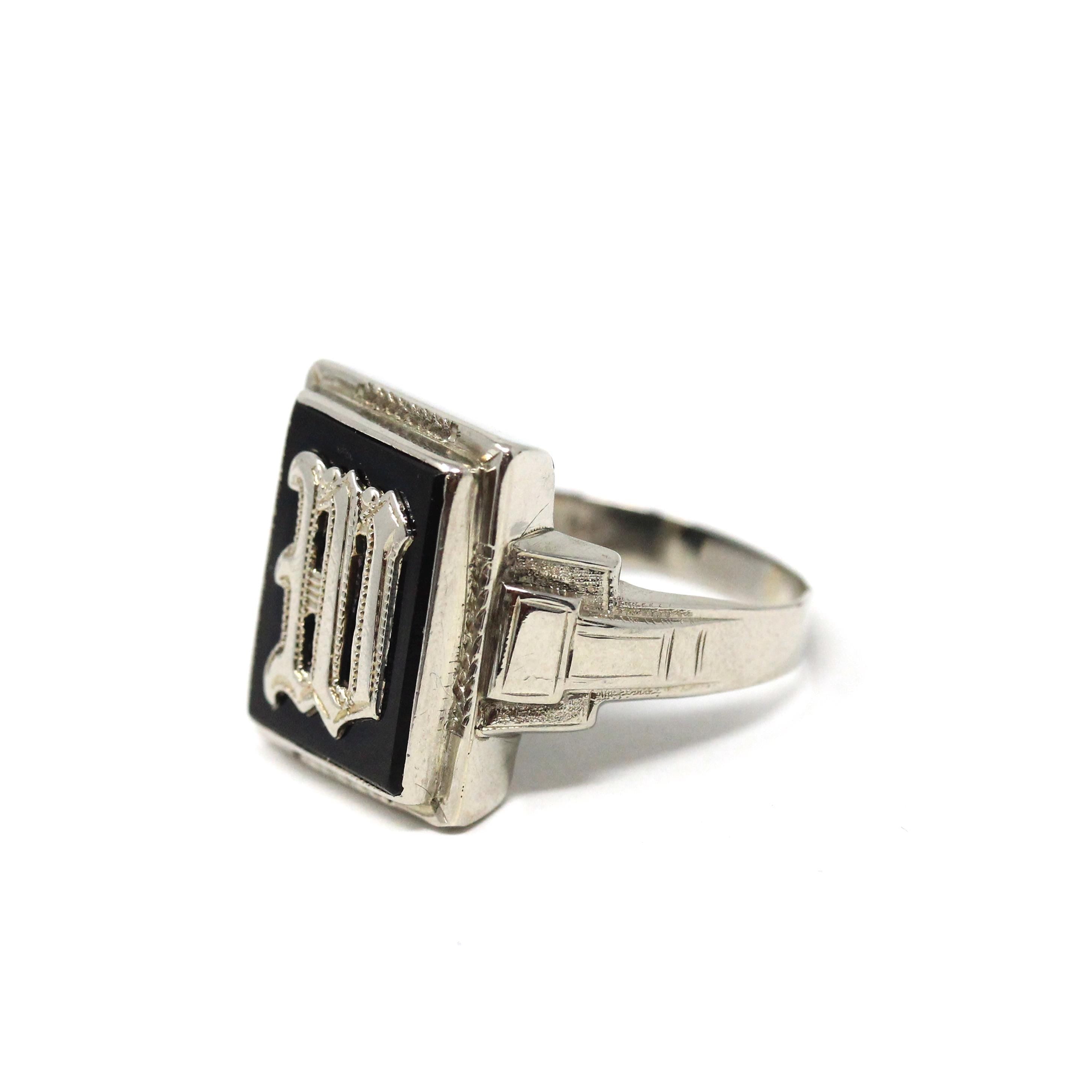 Letter W Ring - Art Deco Era 10k White Gold Black Chalcedony Onyx Signet - Vintage 1930s Size 11 Black Gem Initial Old English Fine Jewelry