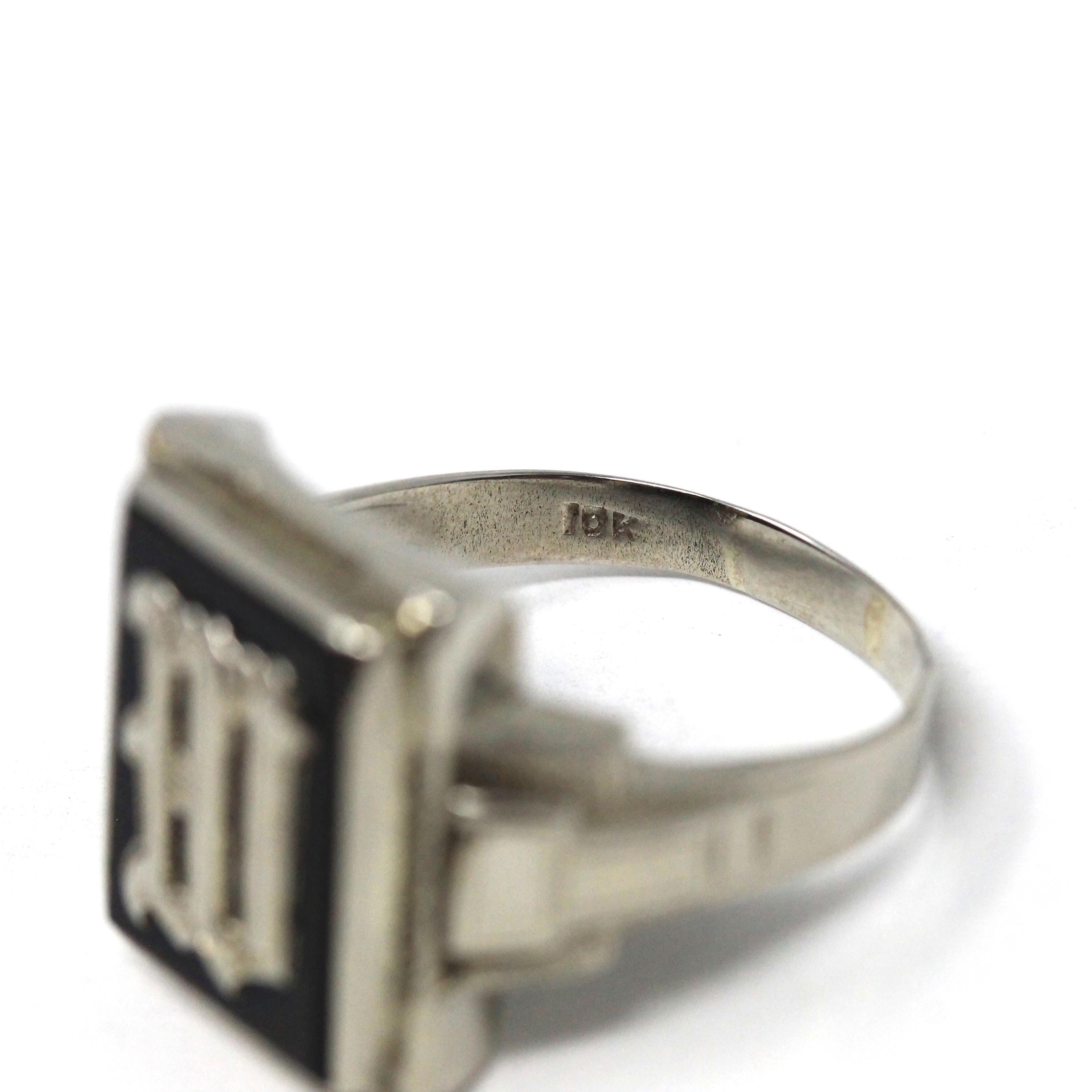 Letter W Ring - Art Deco Era 10k White Gold Black Chalcedony Onyx Signet - Vintage 1930s Size 11 Black Gem Initial Old English Fine Jewelry