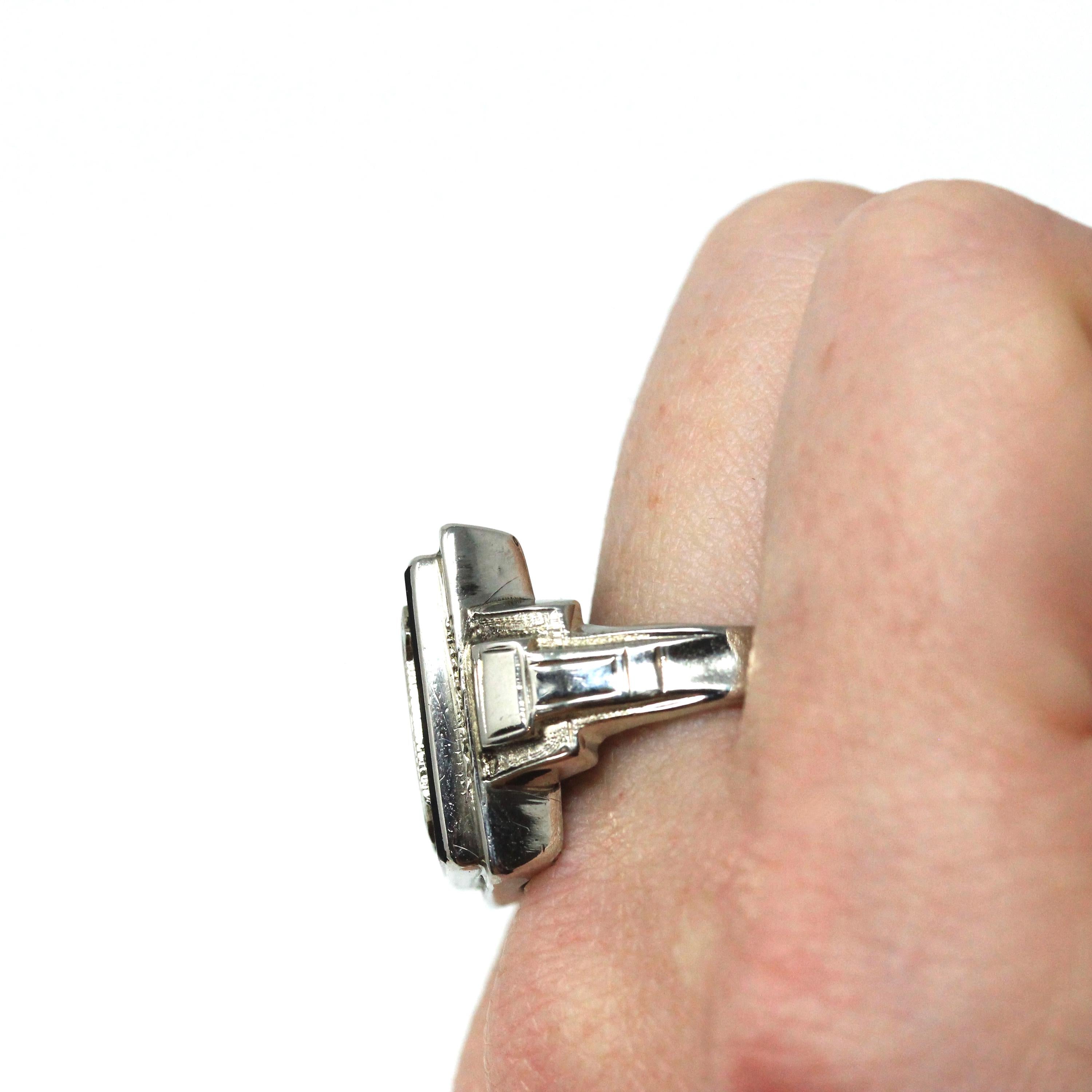 Letter W Ring - Art Deco Era 10k White Gold Black Chalcedony Onyx Signet - Vintage 1930s Size 11 Black Gem Initial Old English Fine Jewelry