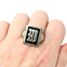 Letter W Ring - Art Deco Era 10k White Gold Black Chalcedony Onyx Signet - Vintage 1930s Size 11 Black Gem Initial Old English Fine Jewelry
