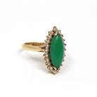Chrysoprase Halo Ring - Vintage 14k Yellow Gold Natural Cabochon Green Navette Gem - Circa 1980s Retro Era Size 6 Pearl Accent Fine Jewelry