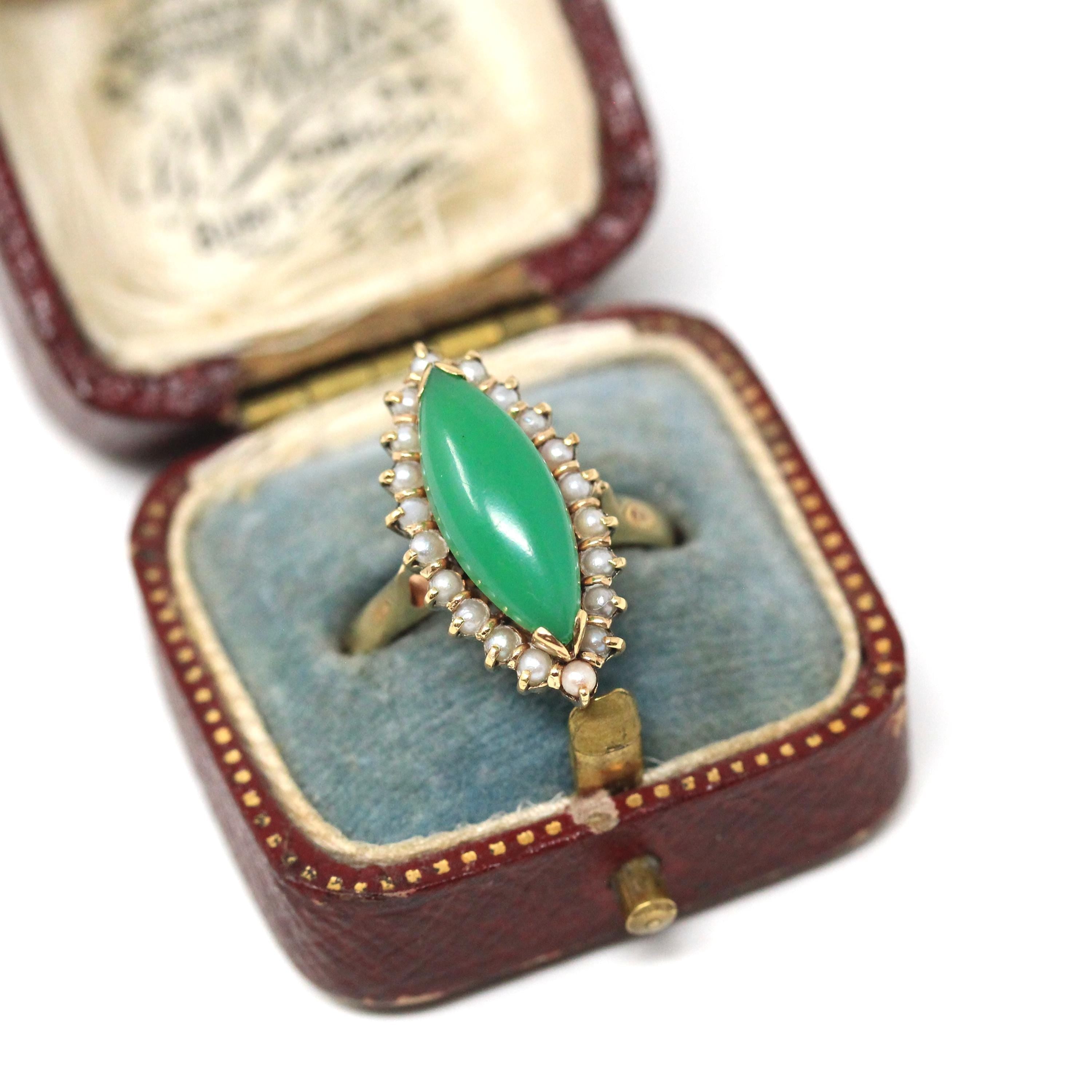 Chrysoprase Halo Ring - Vintage 14k Yellow Gold Natural Cabochon Green Navette Gem - Circa 1980s Retro Era Size 6 Pearl Accent Fine Jewelry