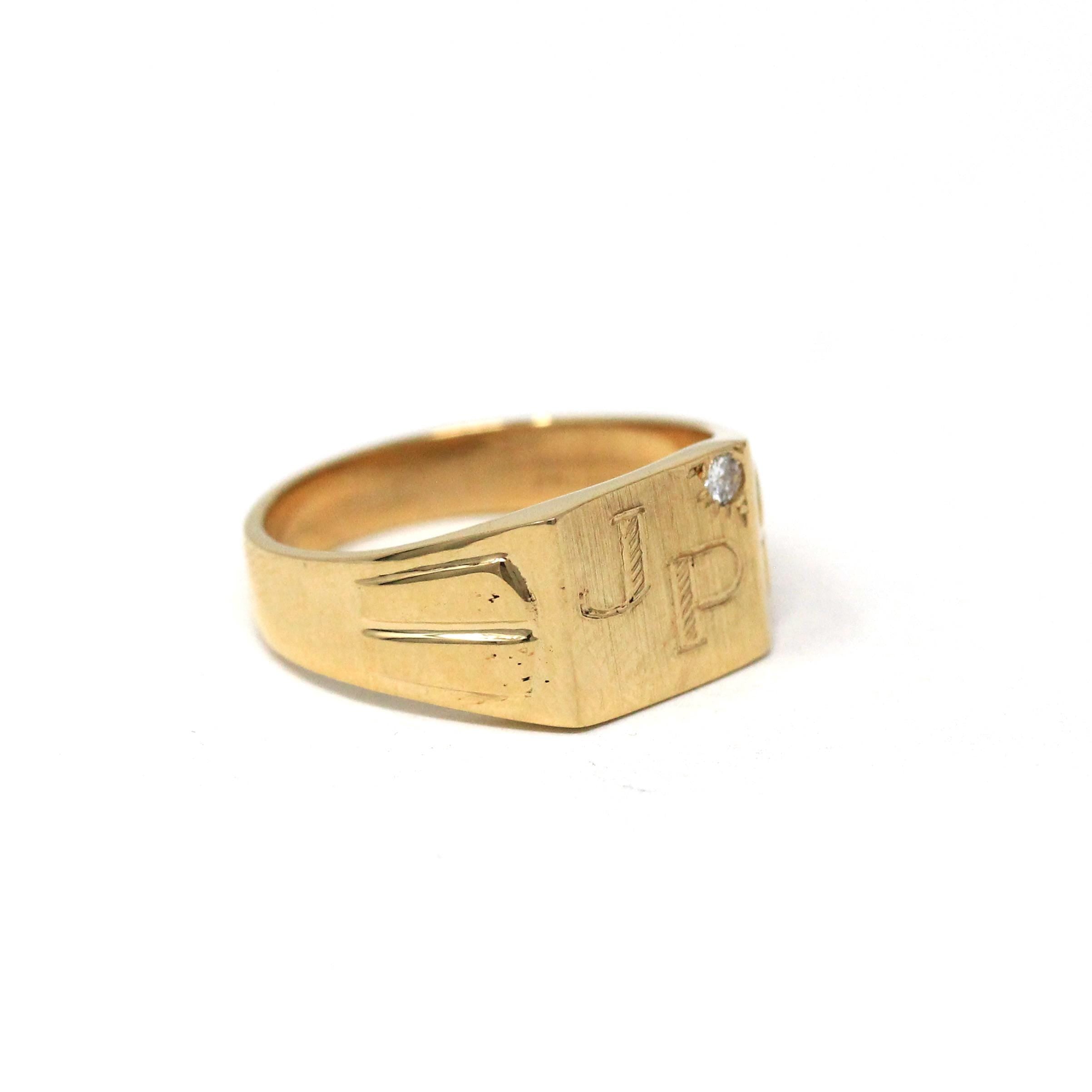 Letters "JP" Ring - Mid Century 14k Yellow Gold Engraved Initials Signet Natural Diamond - Vintage Circa 1940s Era Size 5 Fine 40s Jewelry