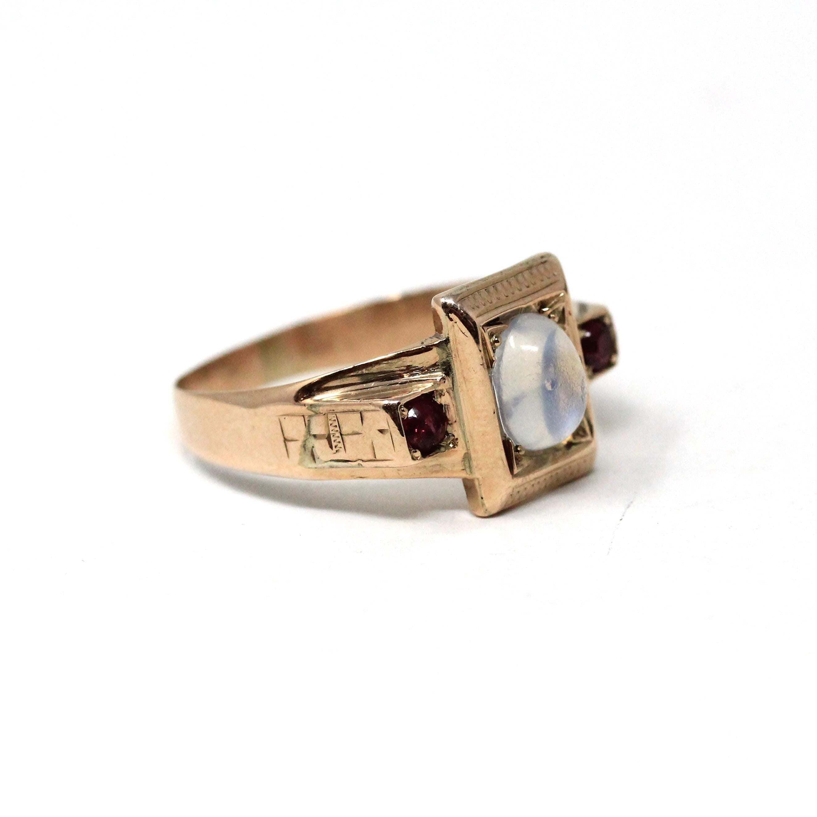 Edwaridna Moonstone Ring - Antique English 9k Rosy Yellow Gold Cabochon Magical Gem - Circa 1900 Size 11 3/4 Garnet Accent Fine Jewelry