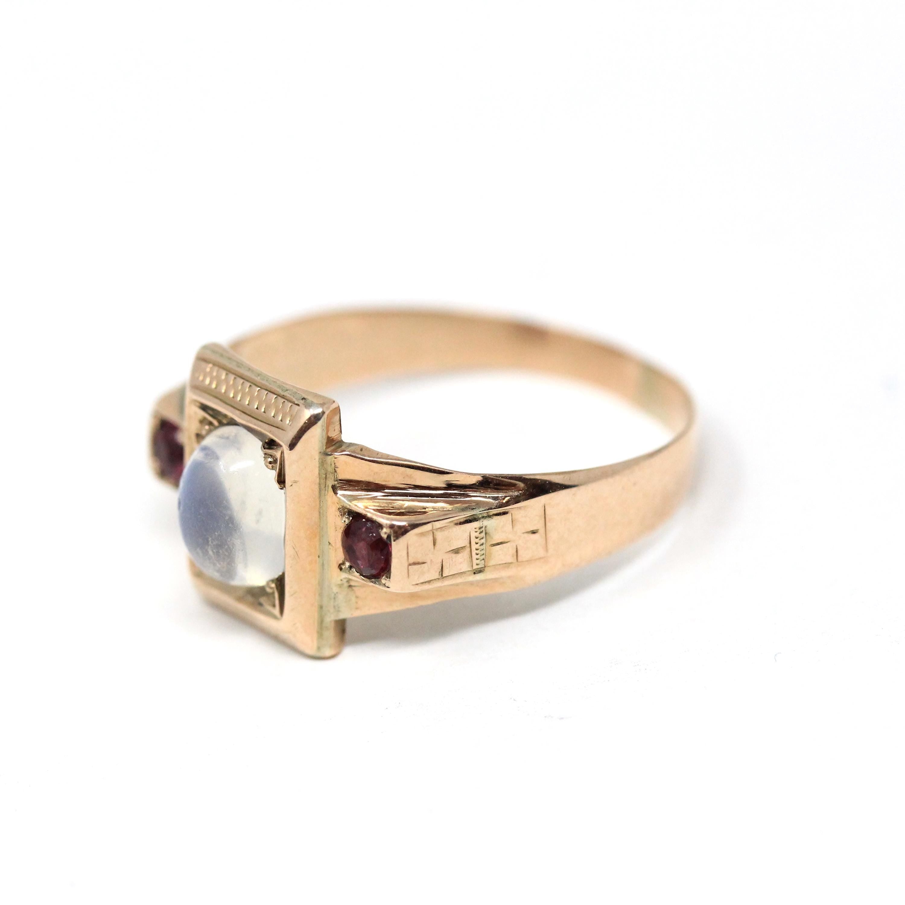 Edwaridna Moonstone Ring - Antique English 9k Rosy Yellow Gold Cabochon Magical Gem - Circa 1900 Size 11 3/4 Garnet Accent Fine Jewelry