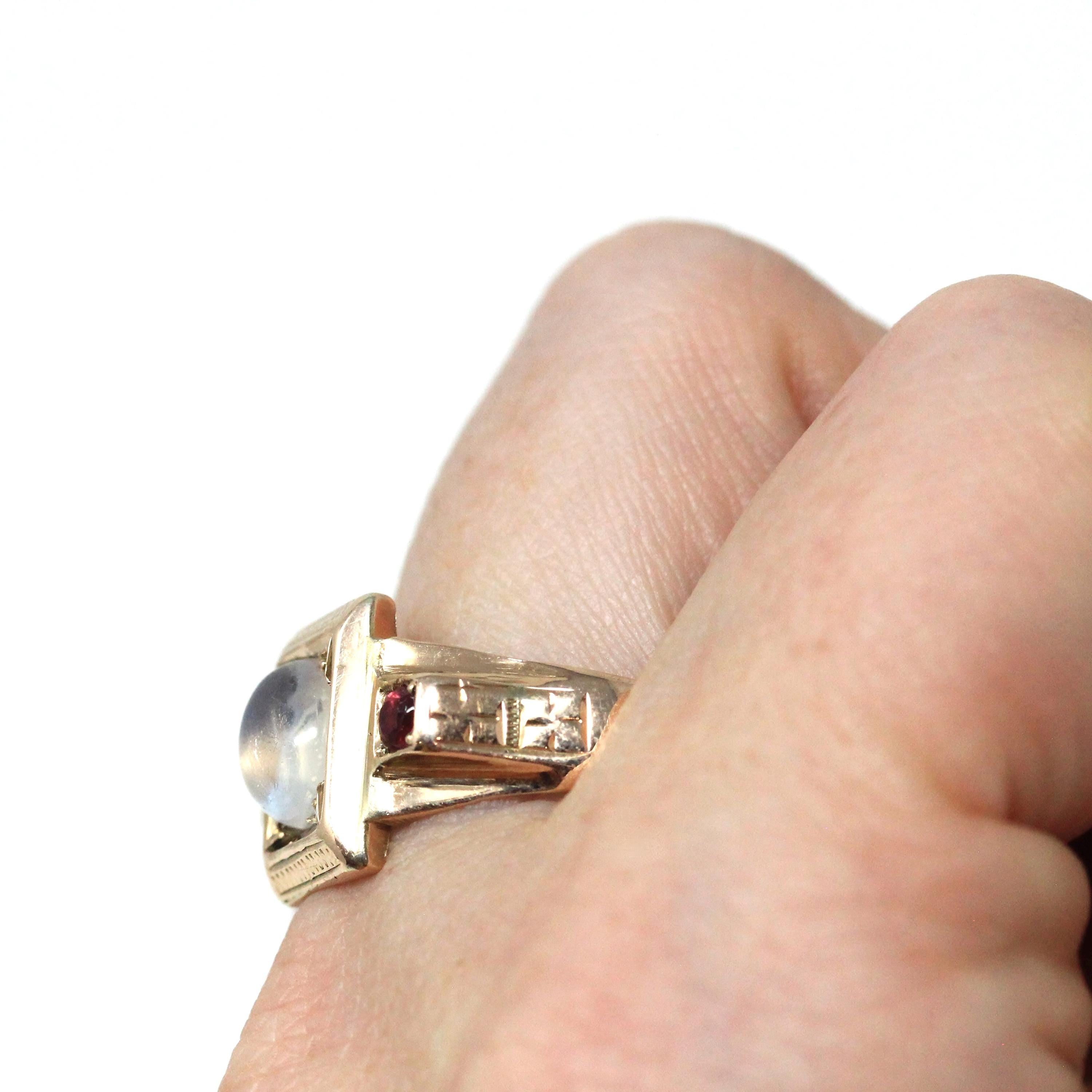 Edwaridna Moonstone Ring - Antique English 9k Rosy Yellow Gold Cabochon Magical Gem - Circa 1900 Size 11 3/4 Garnet Accent Fine Jewelry