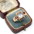 Edwaridna Moonstone Ring - Antique English 9k Rosy Yellow Gold Cabochon Magical Gem - Circa 1900 Size 11 3/4 Garnet Accent Fine Jewelry
