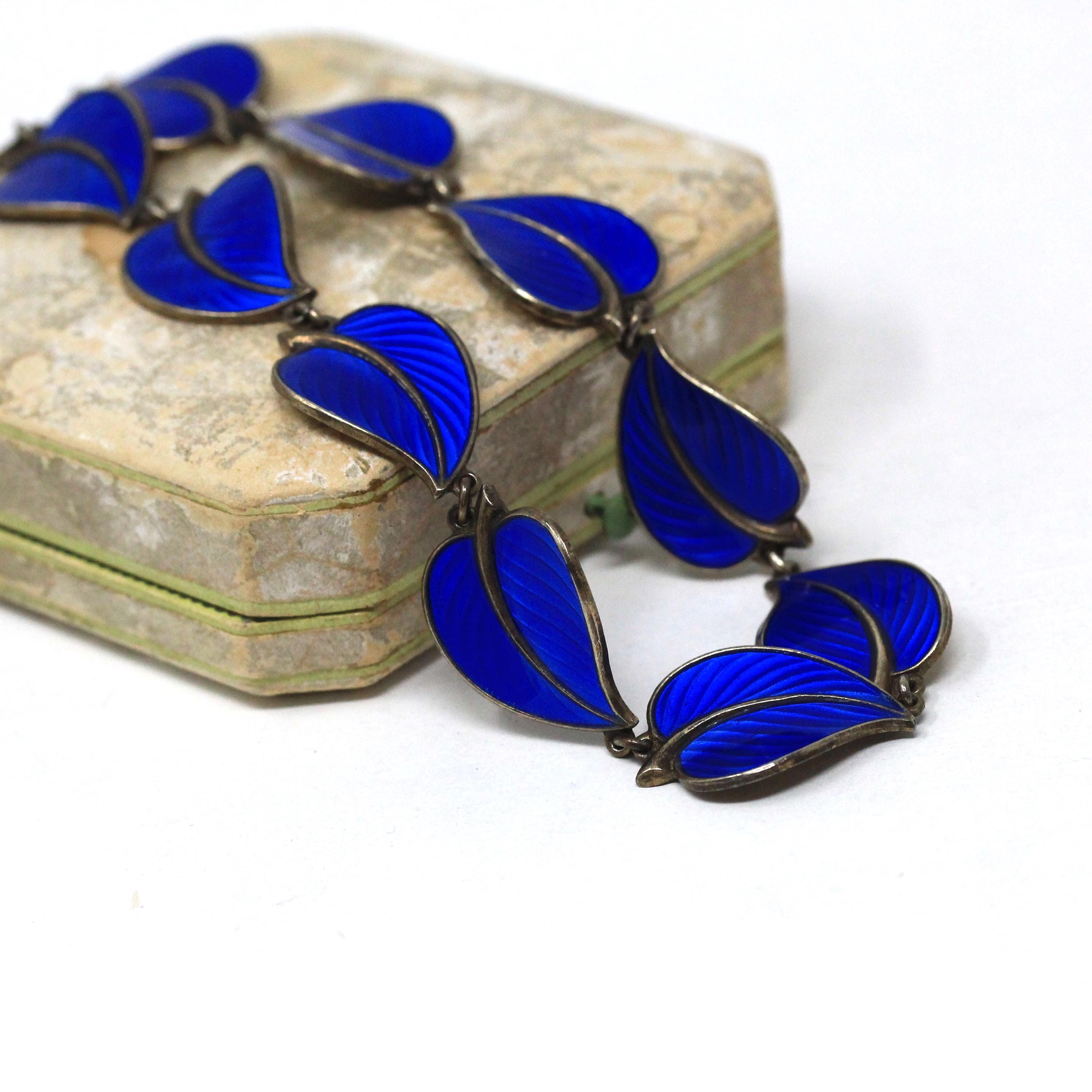 Vintage Enamel Necklace - Mid Century Sterling Silver Blue Enamel Leaf Links Necklace - Circa 1950s Era Hans Myhre Scandinavian 50s Jewelry