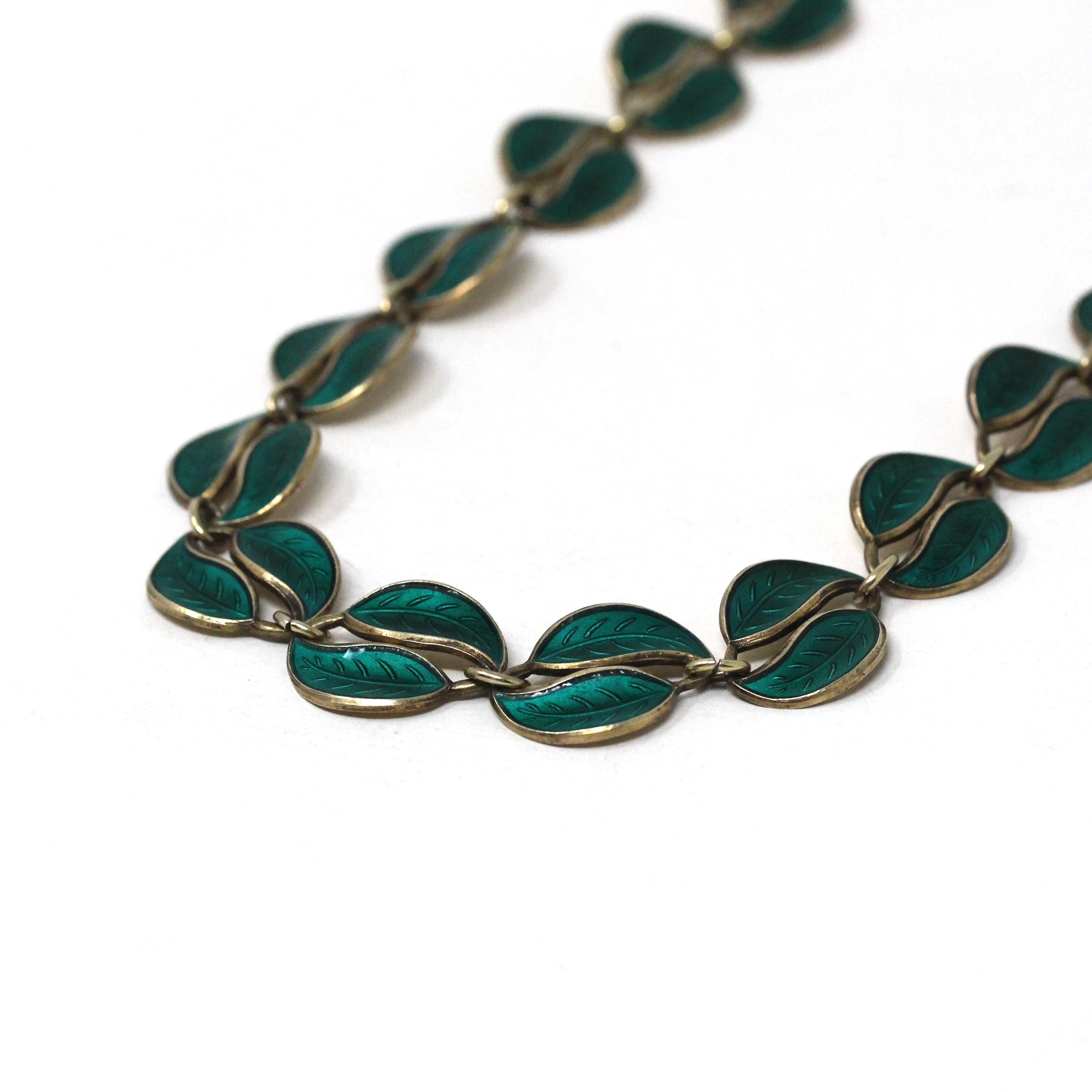 Vintage Enamel Jewelry Set - Mid Century Sterling Silver Green Enamel Leaf Links Necklace Bracelet - Circa 1950s Era David Anderson Jewelry