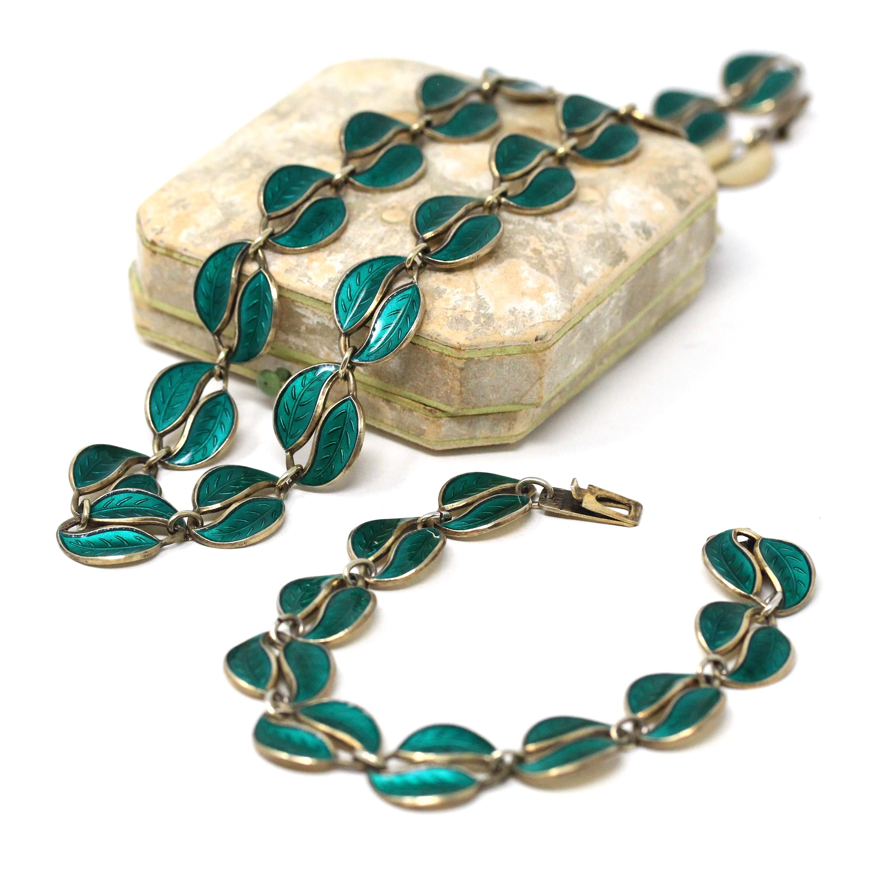 Vintage Enamel Jewelry Set - Mid Century Sterling Silver Green Enamel Leaf Links Necklace Bracelet - Circa 1950s Era David Anderson Jewelry