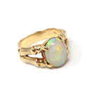 Vintage Opal Ring - Retro Era 10k Yellow Gold Natural Oval Gemstone Bamboo Branch Statement - Circa 1970s Size 6 1/4 Brutalist Fine Jewelry