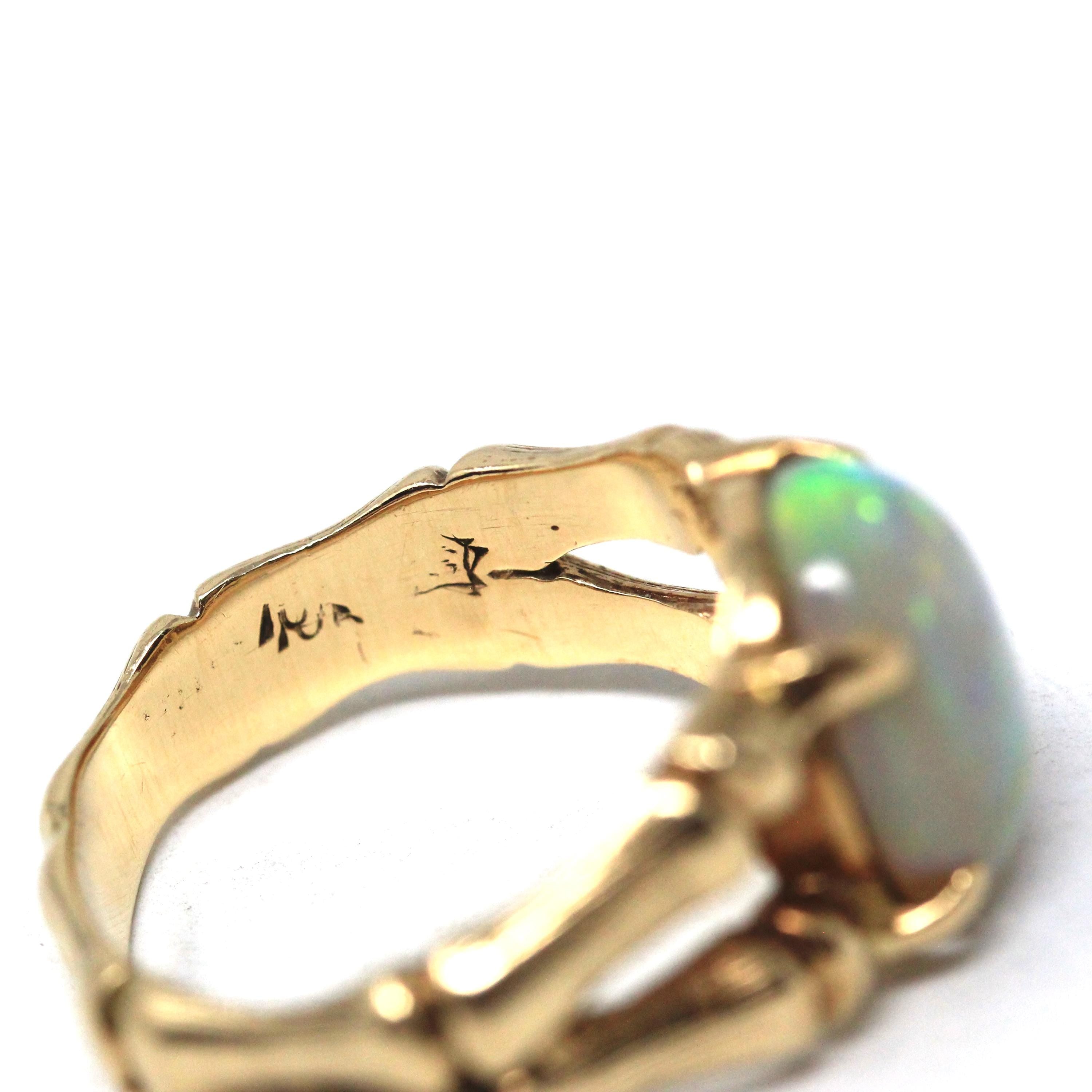 Vintage Opal Ring - Retro Era 10k Yellow Gold Natural Oval Gemstone Bamboo Branch Statement - Circa 1970s Size 6 1/4 Brutalist Fine Jewelry