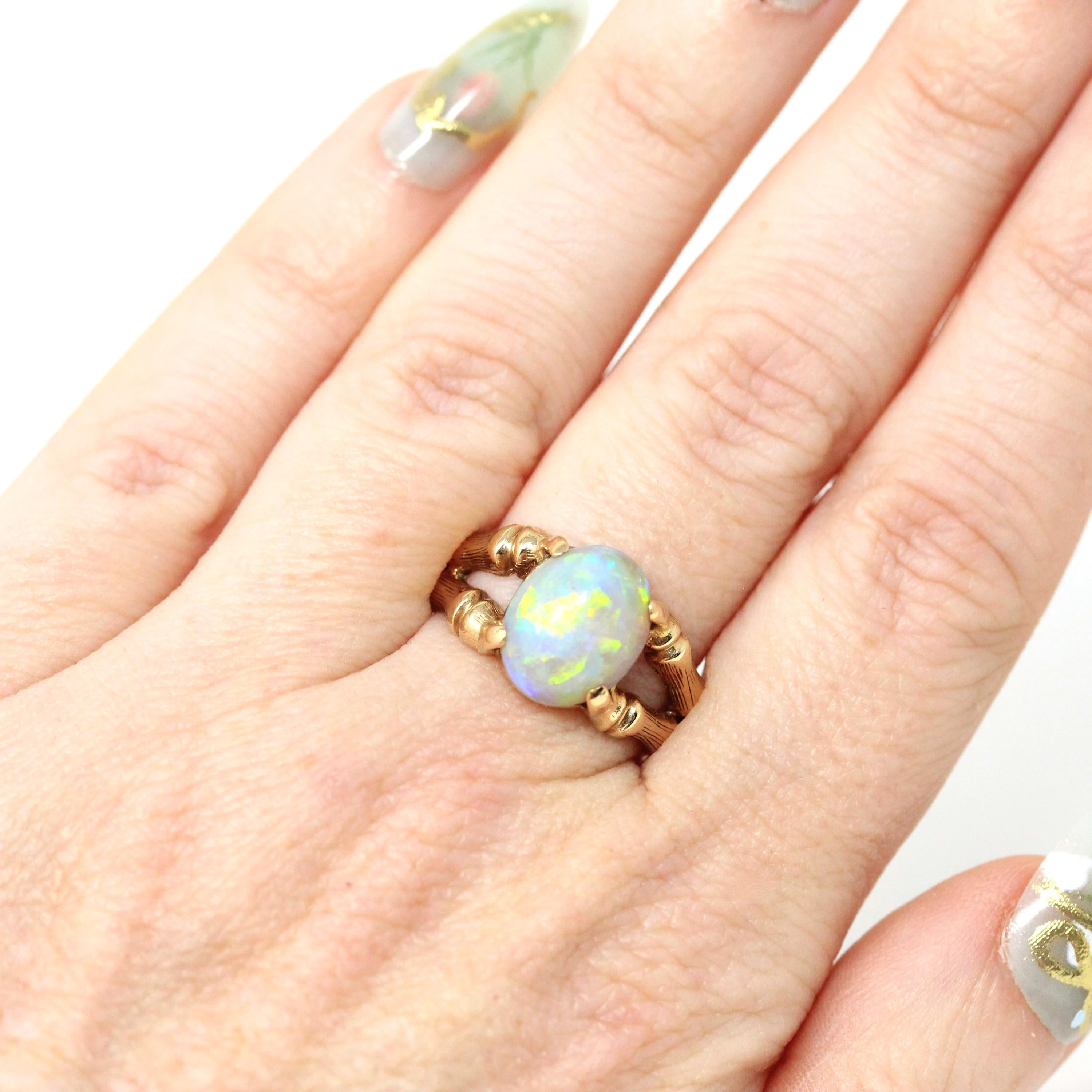 Vintage Opal Ring - Retro Era 10k Yellow Gold Natural Oval Gemstone Bamboo Branch Statement - Circa 1970s Size 6 1/4 Brutalist Fine Jewelry