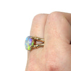 Vintage Opal Ring - Retro Era 10k Yellow Gold Natural Oval Gemstone Bamboo Branch Statement - Circa 1970s Size 6 1/4 Brutalist Fine Jewelry