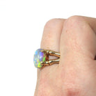 Vintage Opal Ring - Retro Era 10k Yellow Gold Natural Oval Gemstone Bamboo Branch Statement - Circa 1970s Size 6 1/4 Brutalist Fine Jewelry