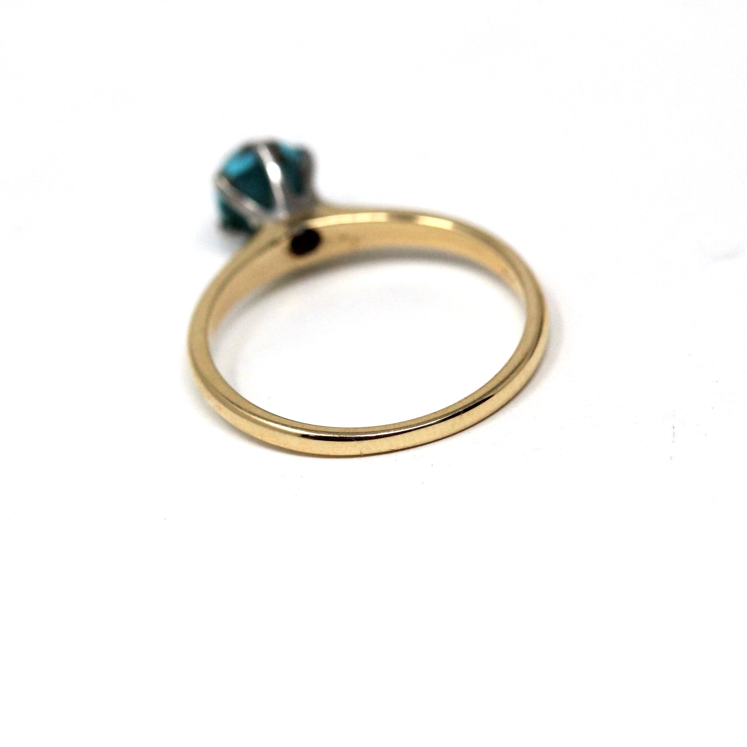 Vintage Turquoise Ring - Mid Century 14k Yellow Gold & Platinum Round Cabochon Cut Gem - Circa 1950s Era Size 4 1/4 Fine Statement Jewelry