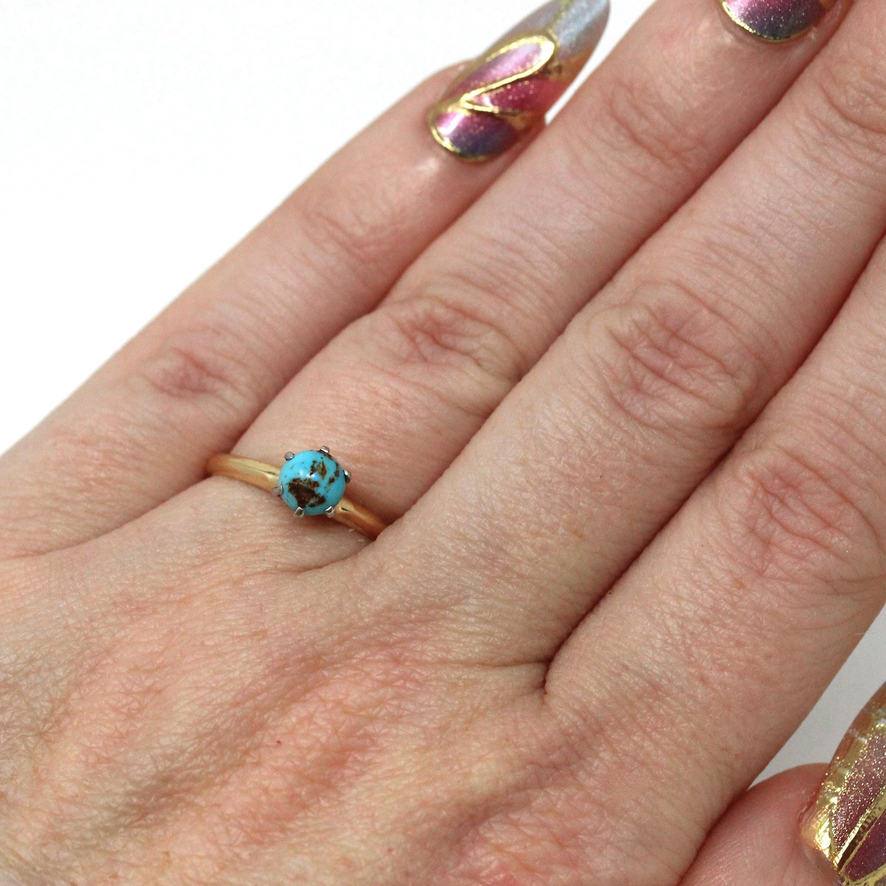 Vintage Turquoise Ring - Mid Century 14k Yellow Gold & Platinum Round Cabochon Cut Gem - Circa 1950s Era Size 4 1/4 Fine Statement Jewelry