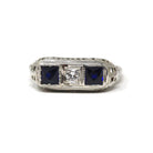 Art Deco Filigree Ring - Vintage 18k White Gold Diamond & Created Sapphire 3 Gemstones - Circa 1930s Era Size 7 Fine Statement Jewelry