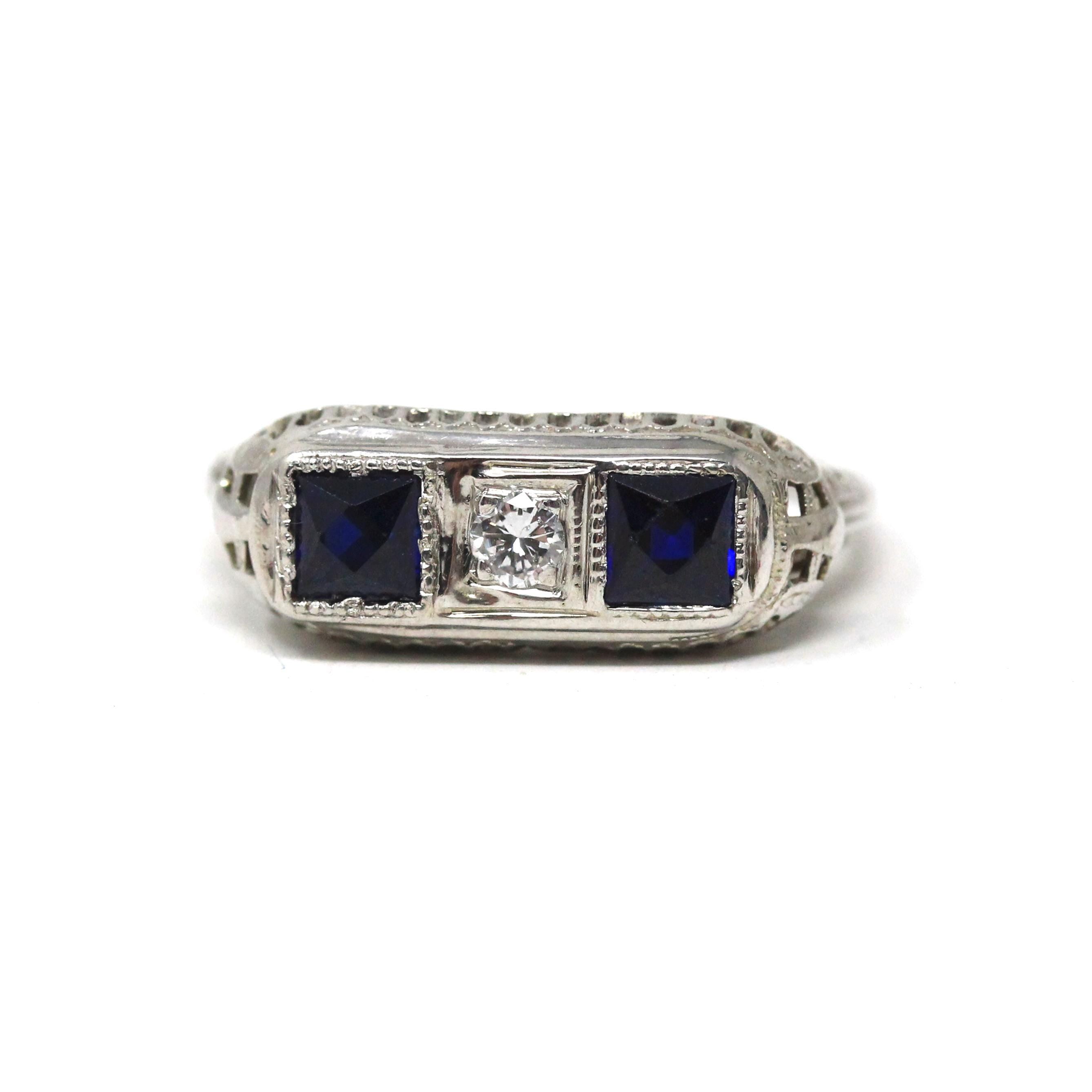 Art Deco Filigree Ring - Vintage 18k White Gold Diamond & Created Sapphire 3 Gemstones - Circa 1930s Era Size 7 Fine Statement Jewelry