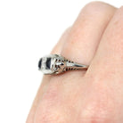 Art Deco Filigree Ring - Vintage 18k White Gold Diamond & Created Sapphire 3 Gemstones - Circa 1930s Era Size 7 Fine Statement Jewelry