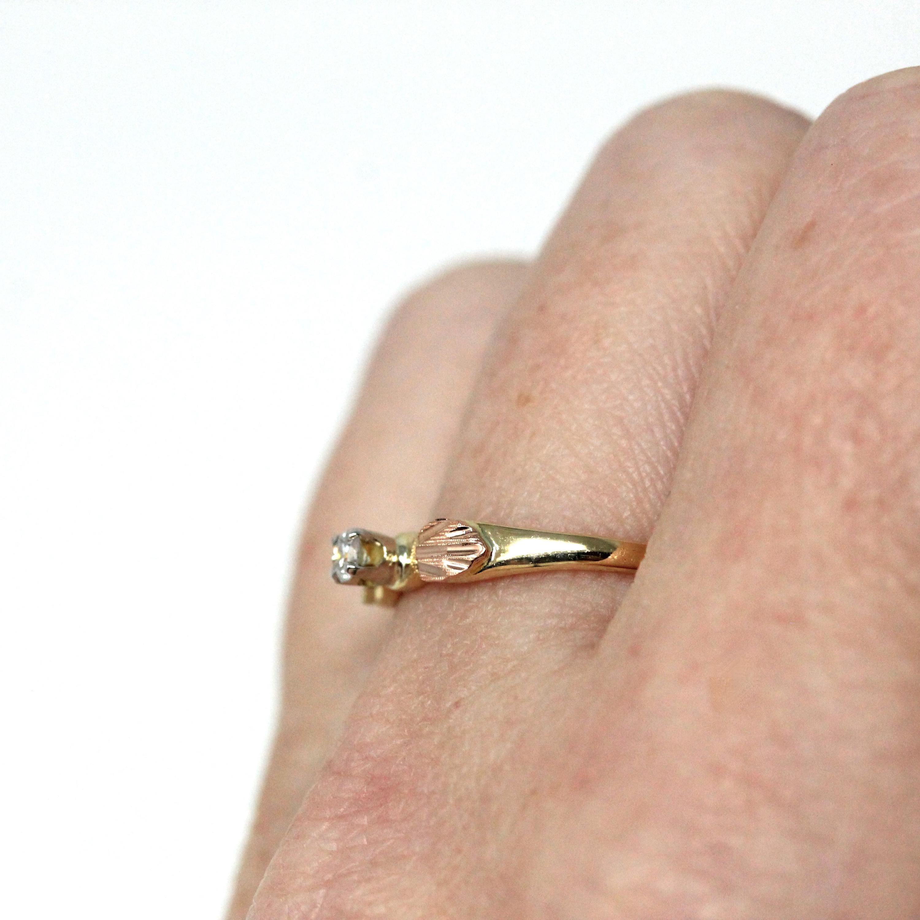 Vintage Diamond Ring - Mid Century 10k Tri Color Gold Natural Round Solitaire Gemstone Engagement - Circa 1960s Size 5 3/4 Leaf Fine Jewelry