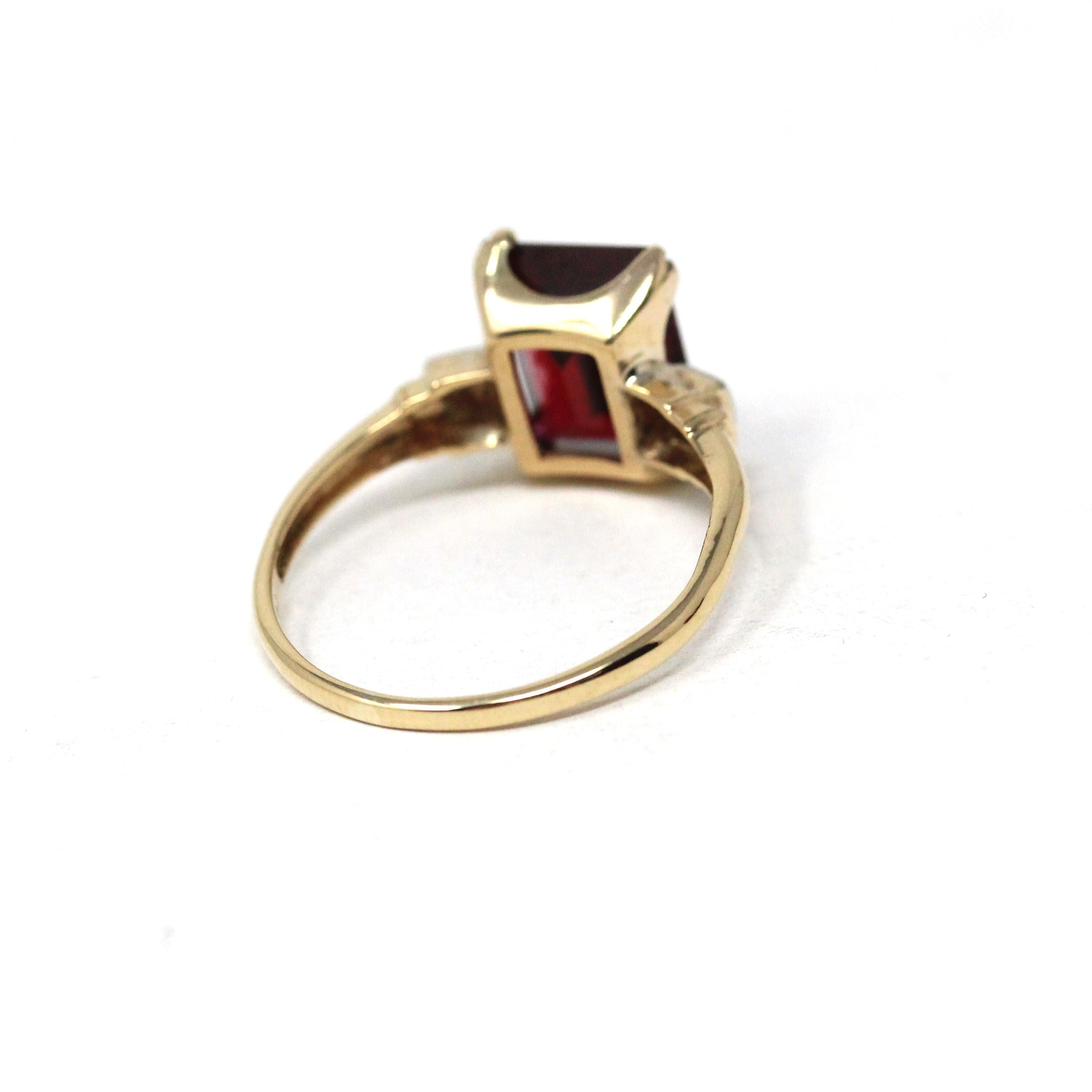 Created Ruby Ring - Vintage 14k Yellow Gold Rectangular Red Gemstone Natural Diamond Accents - Circa 1940s Size 7 1/2 Fine Two Tone Jewelry