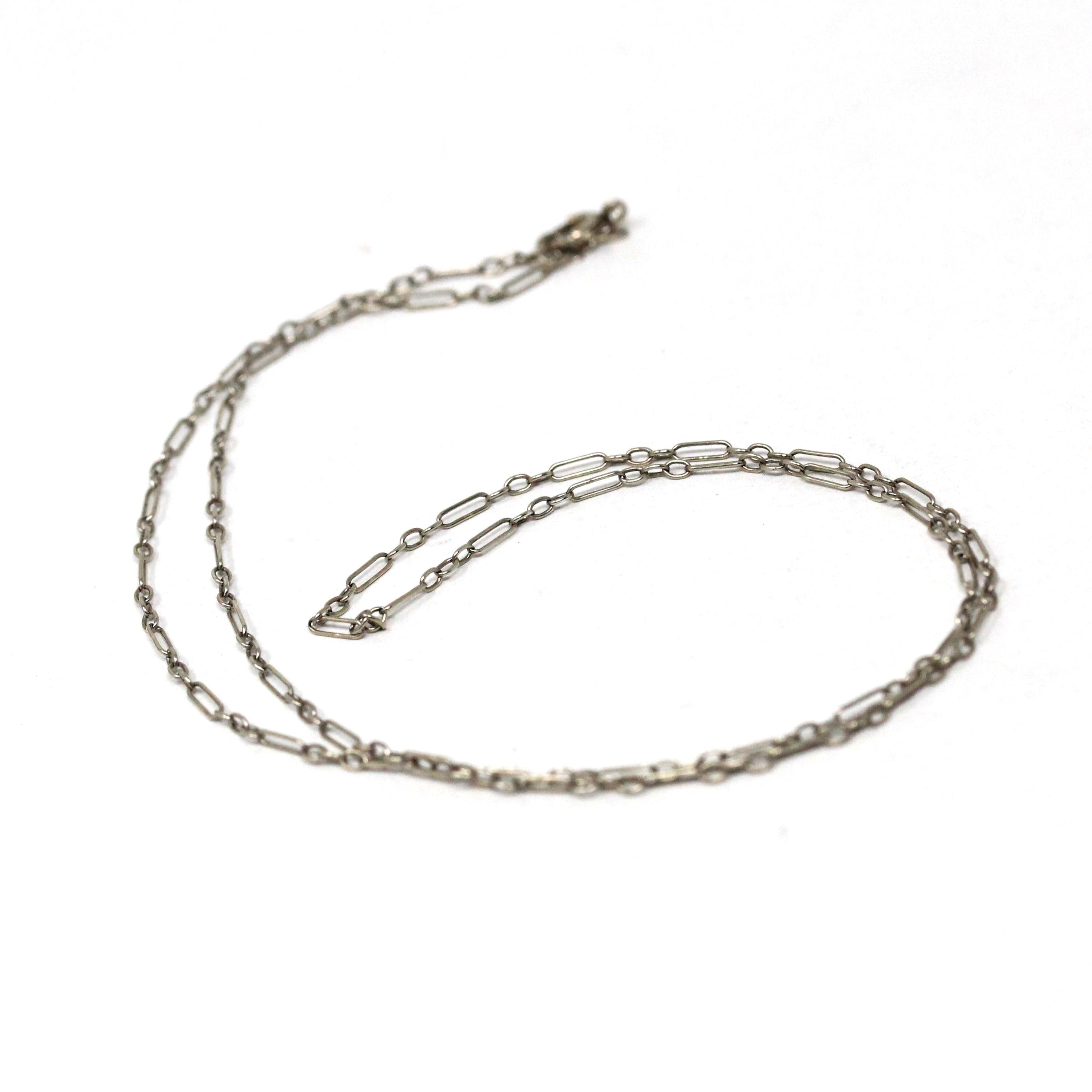 Vintage Chain Necklace - Art Deco 14k White Gold Decorative Paper Clip Link - Circa 1920s Era Spring Ring Clasp Dainty Accessory Jewelry