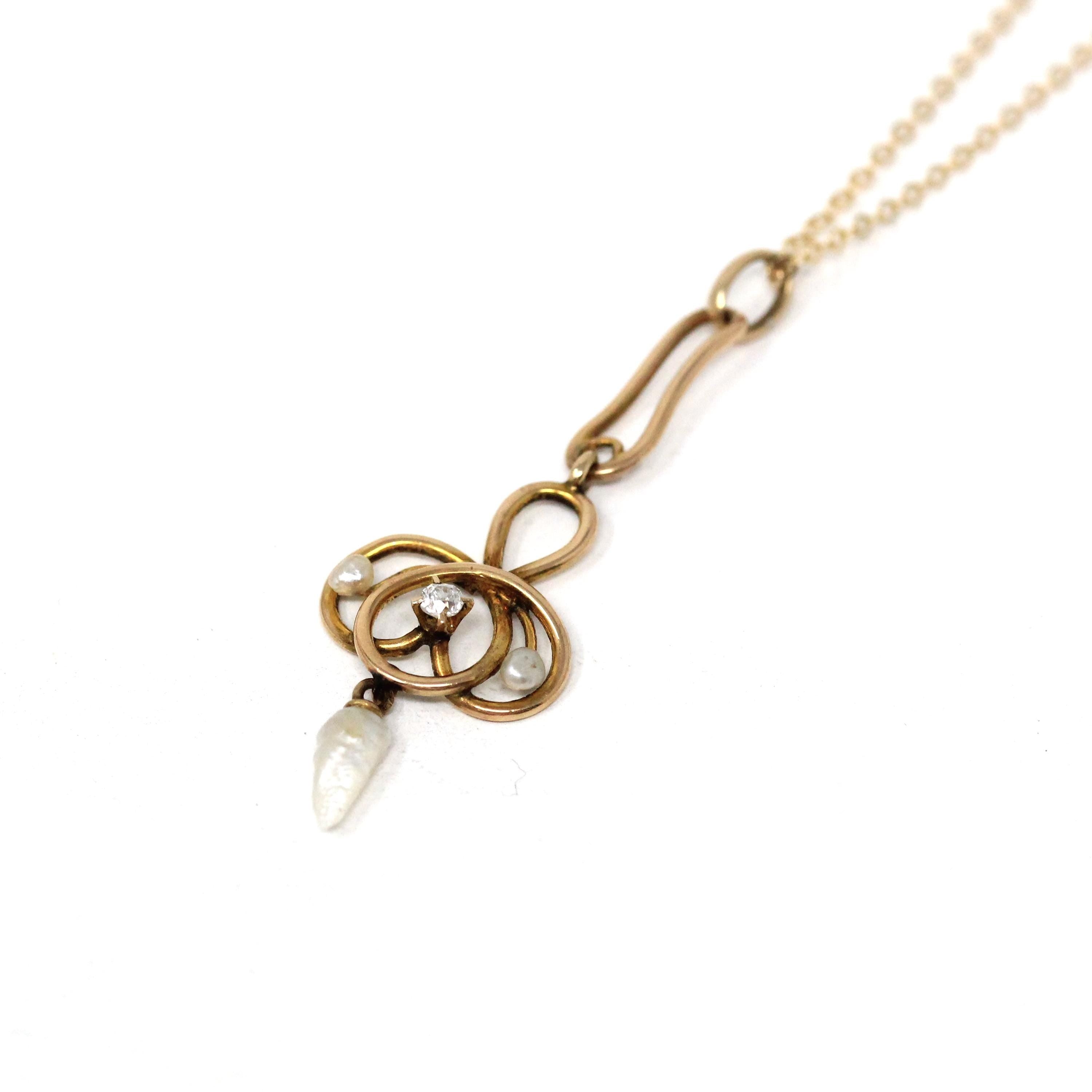 Edwardian Lavalier Necklace - Antique 10k Yellow Gold Natural Diamond Baroque Seed Pearl Gemstone Charm Pendant - Circa 1900s Fine Jewelry