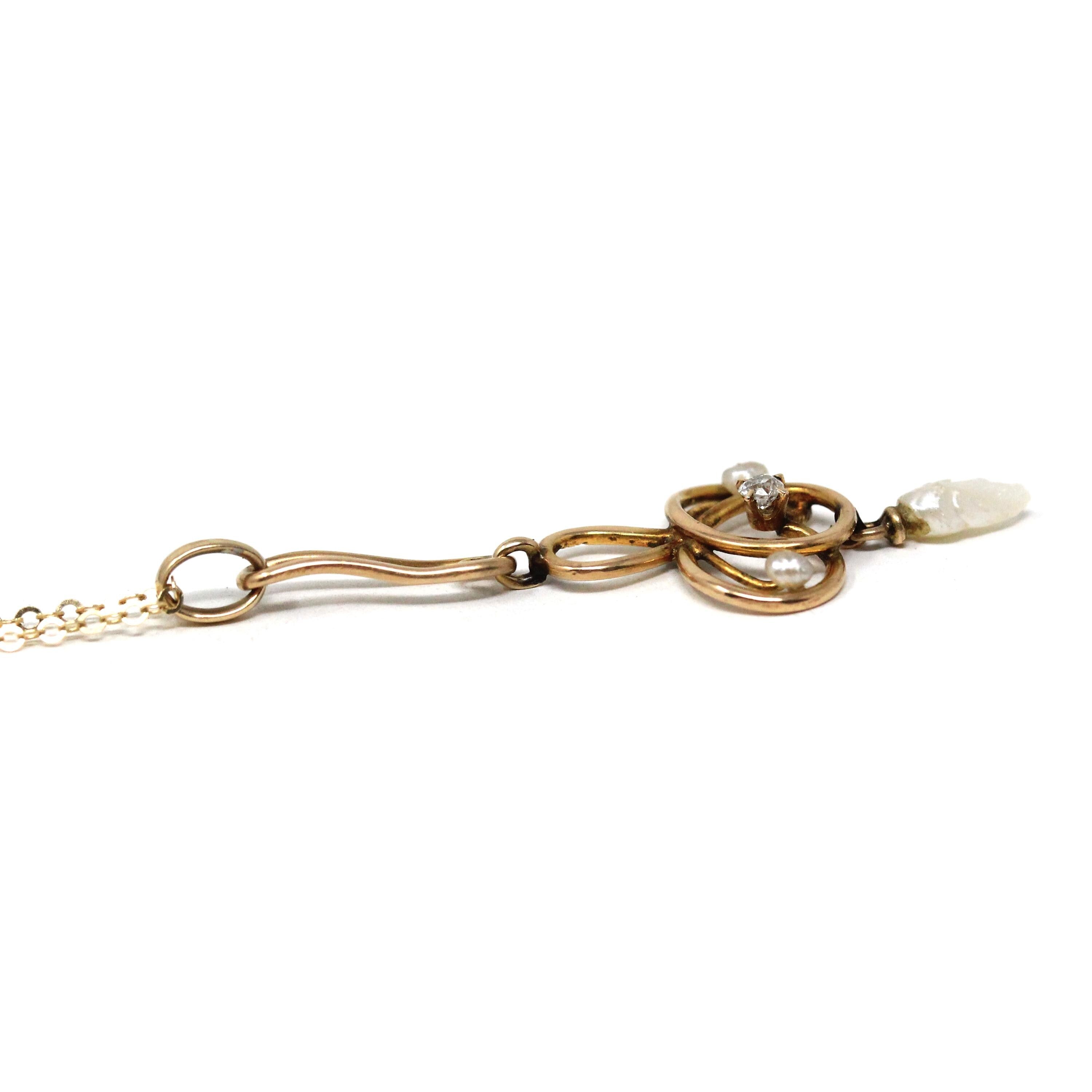 Edwardian Lavalier Necklace - Antique 10k Yellow Gold Natural Diamond Baroque Seed Pearl Gemstone Charm Pendant - Circa 1900s Fine Jewelry
