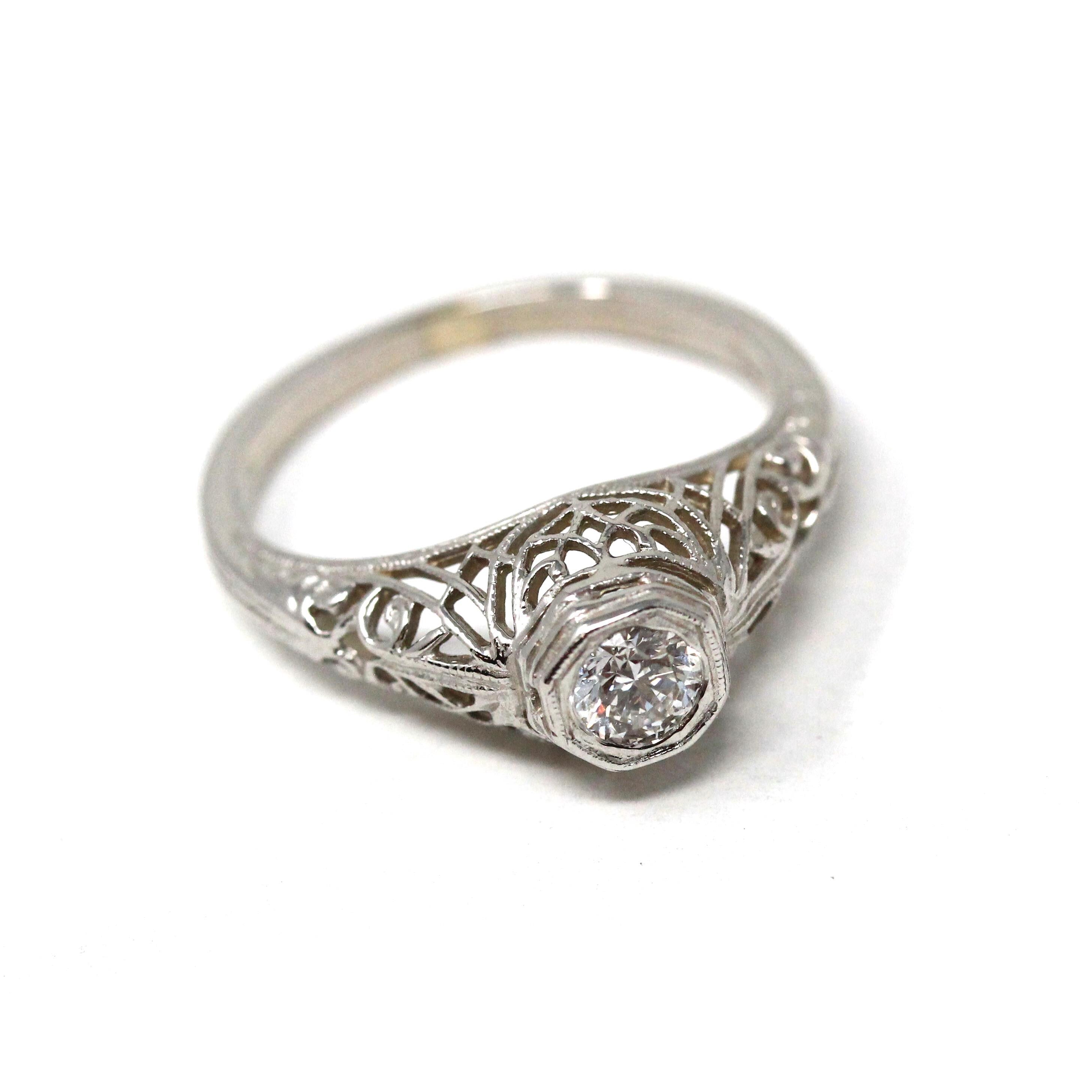 Diamond Filigree Ring - Art Deco Style 14k White Gold Natural .30 CT Engagement - Modern Era Size 7 Vintage Reproduction Fine Bridal Jewelry