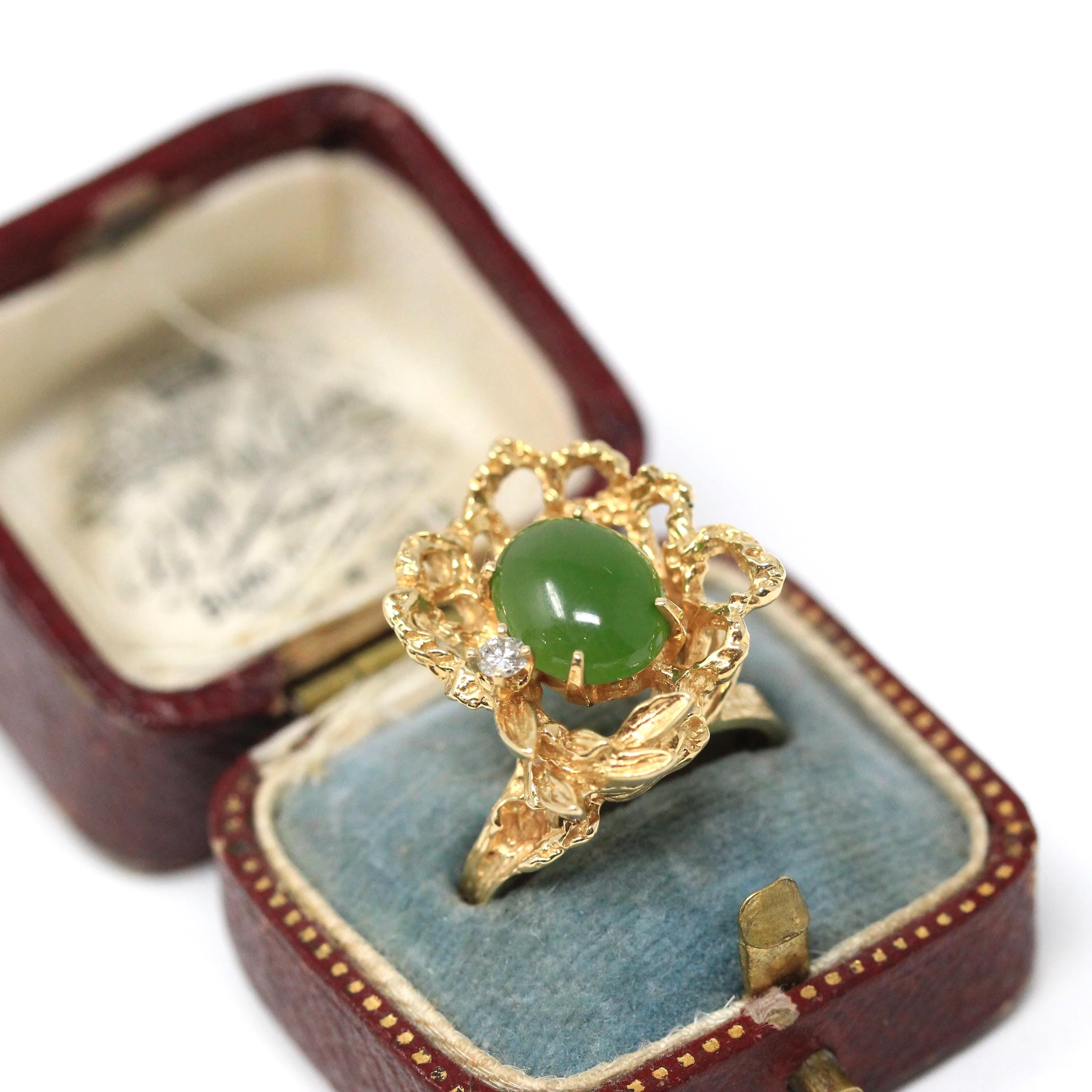 Nephrite Jade Ring - Retro 14k Yellow Gold Oval Cabochon Cut Natural Green Gemstone - Vintage Circa 1970s Era Size 7 Textured Fine Jewelry