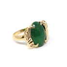 Natural Jadeite Ring - Vintage 14k Yellow Gold Dark Green Oval Cabochon Gemstone - Retro Circa 1960s Era Size 5 1/4 Fine Statement Jewelry