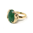 Natural Jadeite Ring - Vintage 14k Yellow Gold Dark Green Oval Cabochon Gemstone - Retro Circa 1960s Era Size 5 1/4 Fine Statement Jewelry