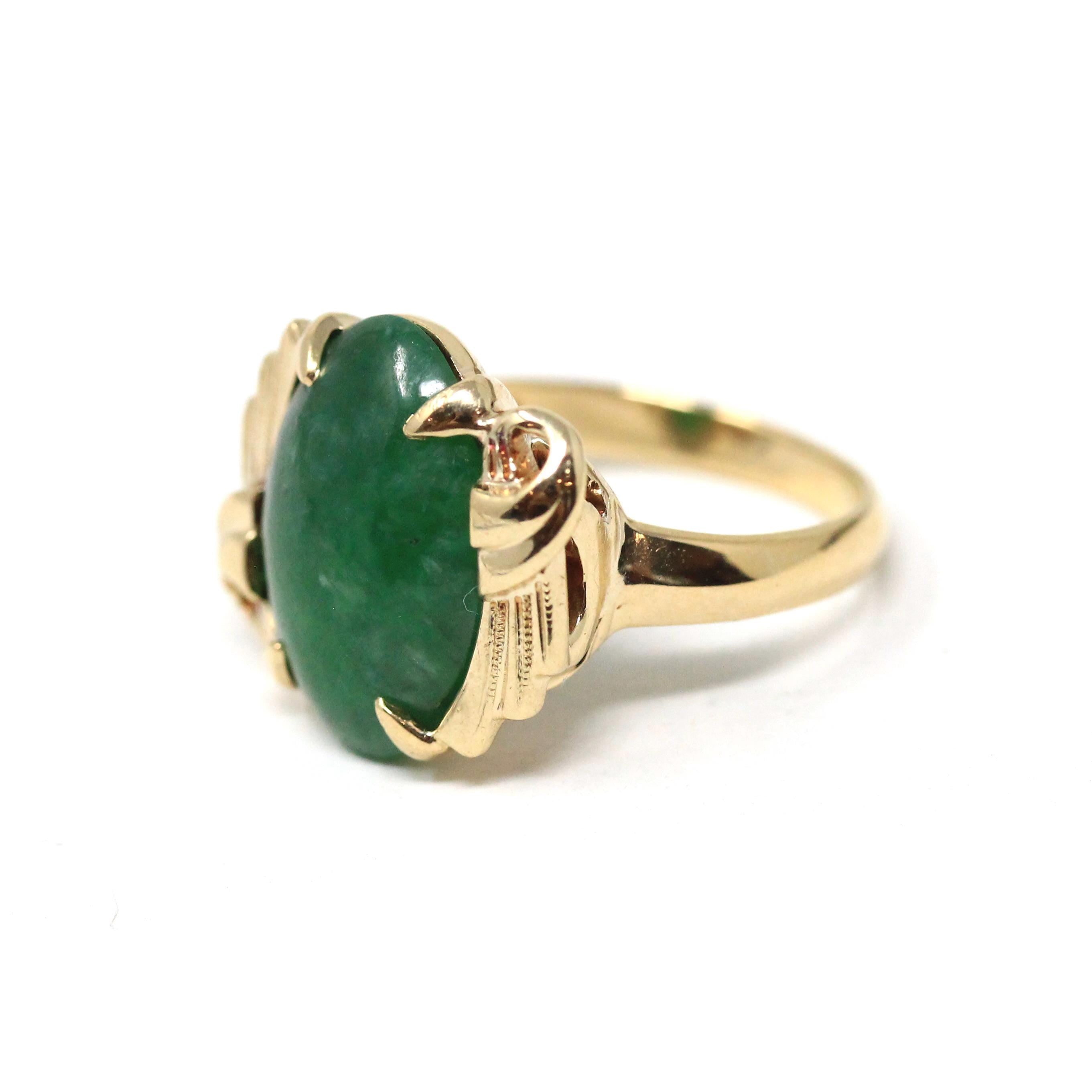 Natural Jadeite Ring - Vintage 14k Yellow Gold Dark Green Oval Cabochon Gemstone - Retro Circa 1960s Era Size 5 1/4 Fine Statement Jewelry