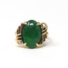 Natural Jadeite Ring - Vintage 14k Yellow Gold Dark Green Oval Cabochon Gemstone - Retro Circa 1960s Era Size 5 1/4 Fine Statement Jewelry
