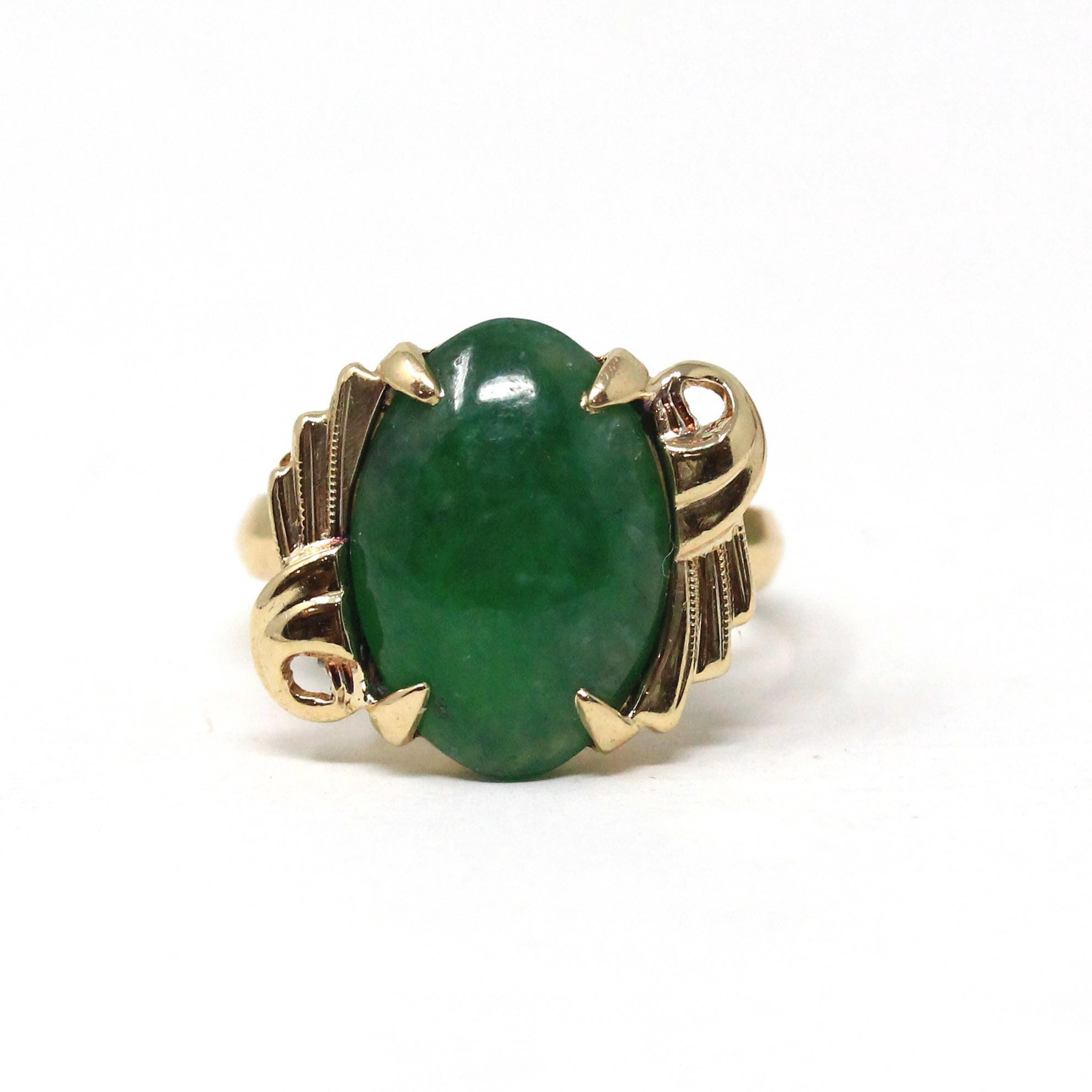 Natural Jadeite Ring - Vintage 14k Yellow Gold Dark Green Oval Cabochon Gemstone - Retro Circa 1960s Era Size 5 1/4 Fine Statement Jewelry