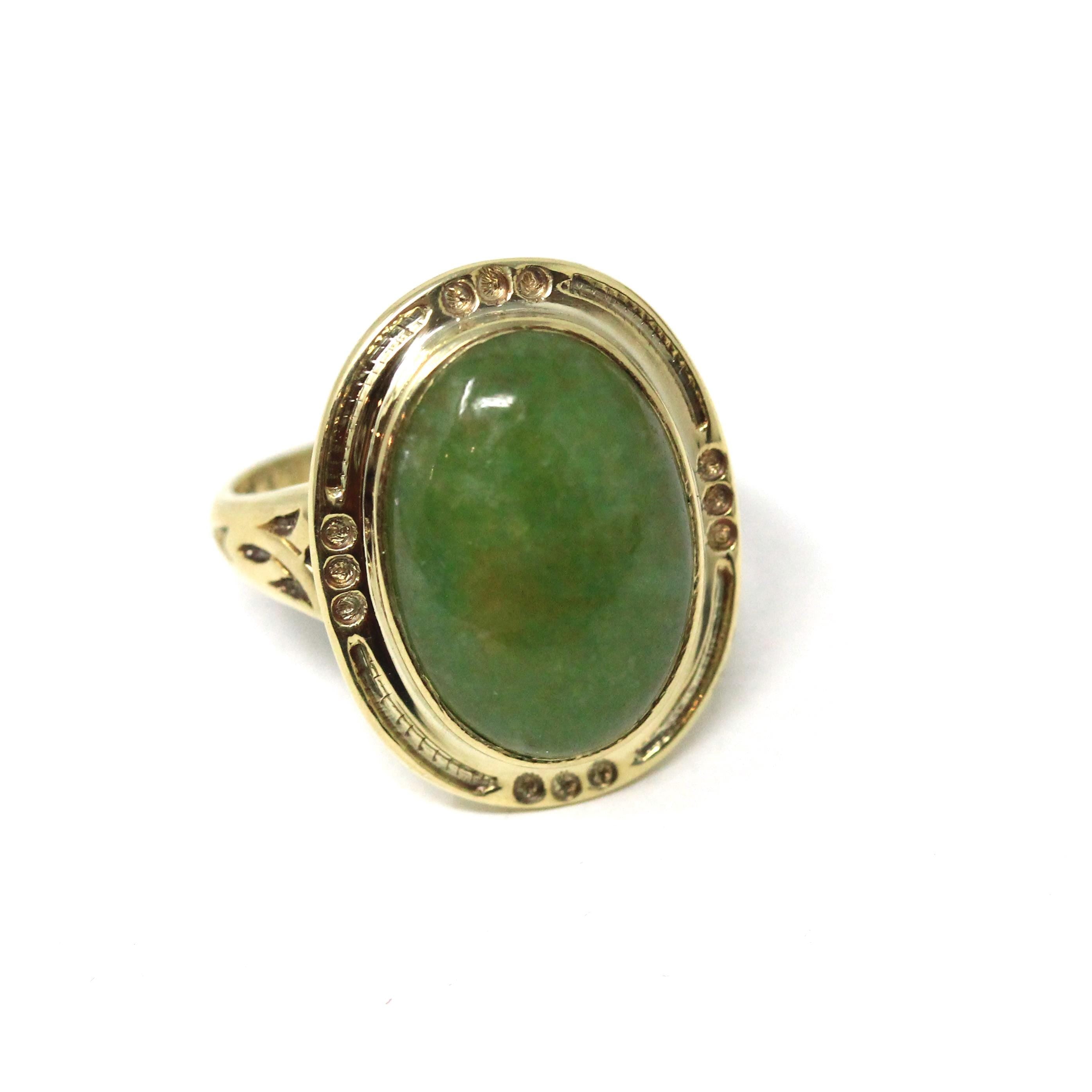 Vintage Jadeite Ring - Mid Century 14k Yellow Gold Natural Green Cabochon Cut Gemstone - Circa 1940s Era Statement Size 6 Fine 40s Jewelry