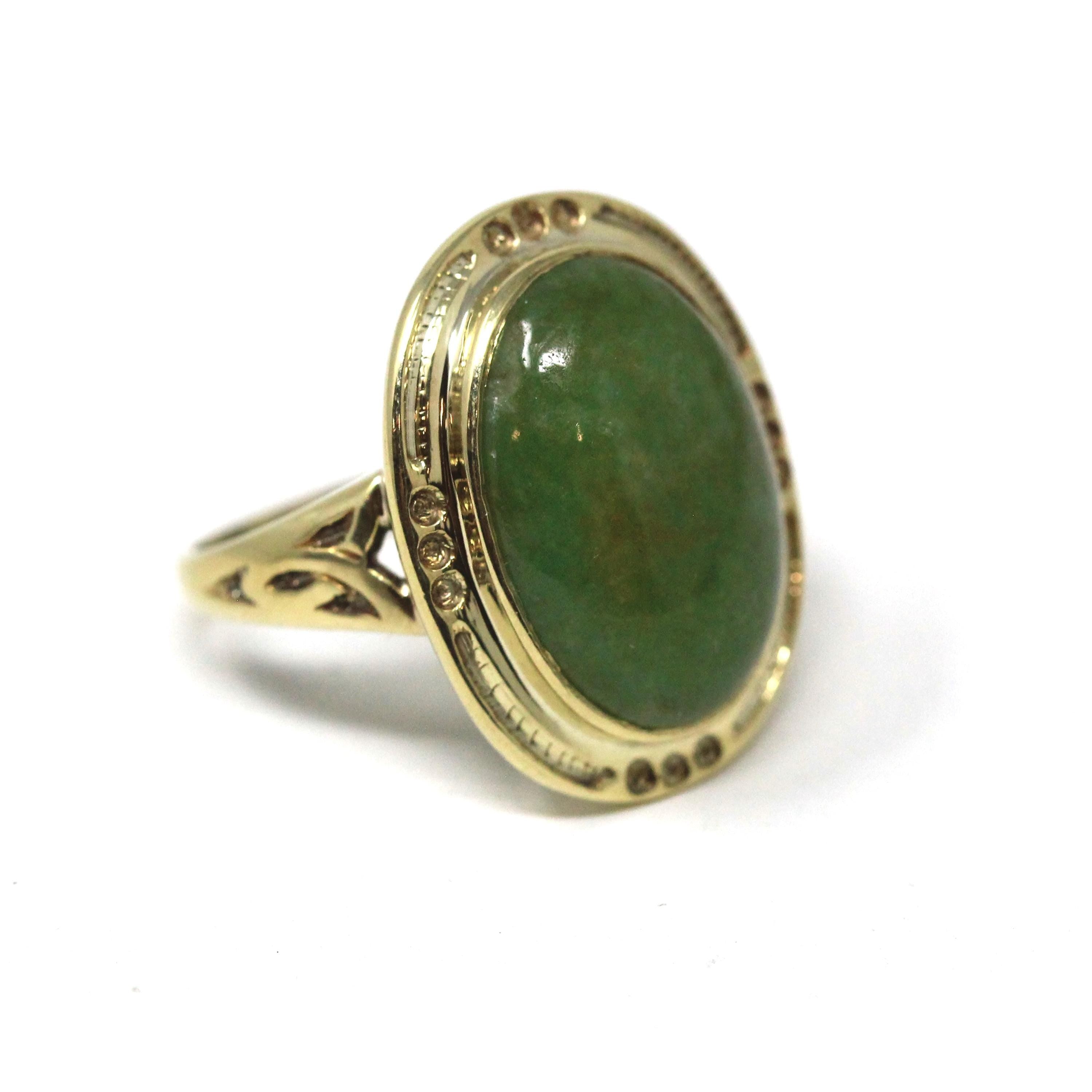 Vintage Jadeite Ring - Mid Century 14k Yellow Gold Natural Green Cabochon Cut Gemstone - Circa 1940s Era Statement Size 6 Fine 40s Jewelry