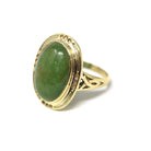Vintage Jadeite Ring - Mid Century 14k Yellow Gold Natural Green Cabochon Cut Gemstone - Circa 1940s Era Statement Size 6 Fine 40s Jewelry