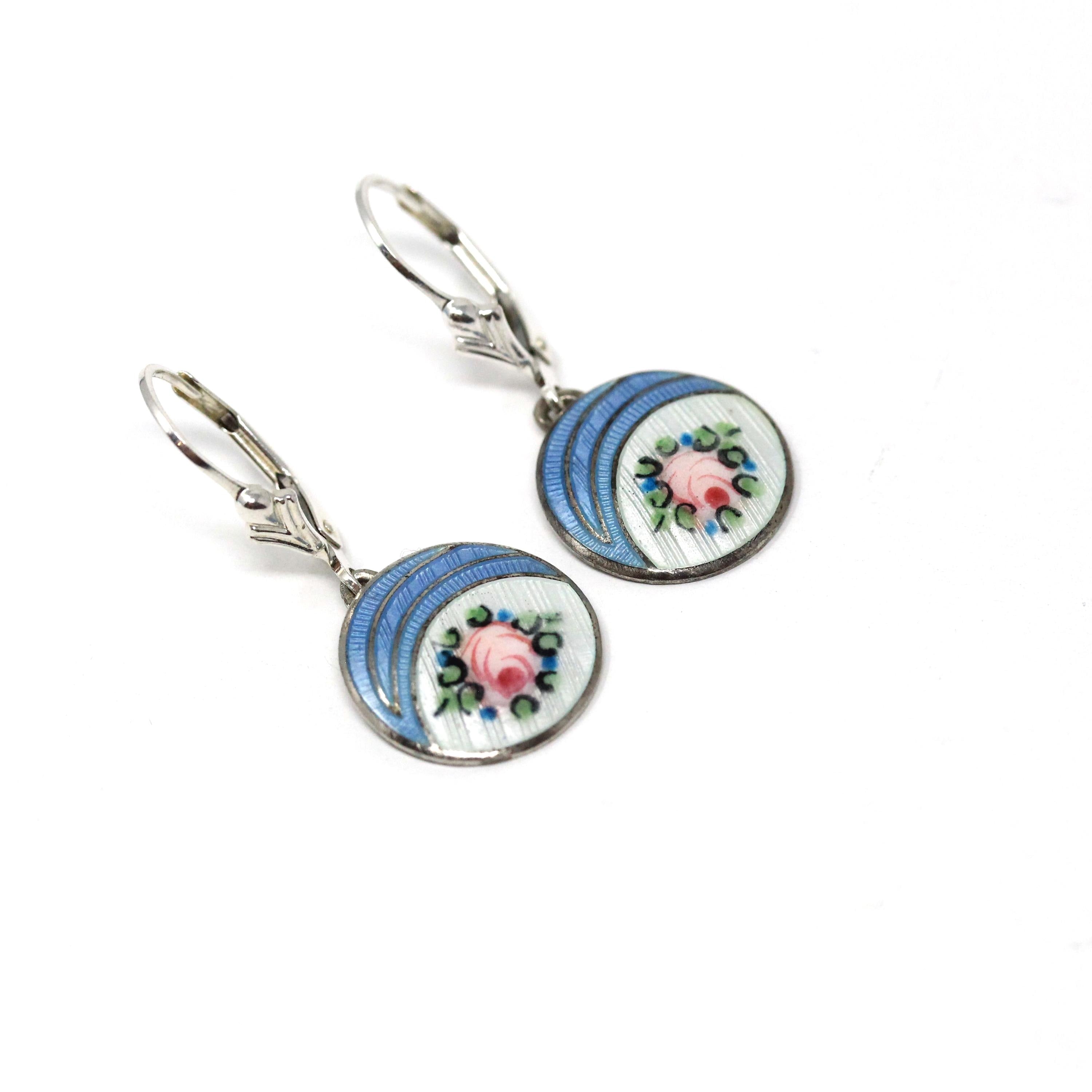 Vintage Enamel Earrings - Art Deco Sterling Silver Round Blue Pink White Floral Dangling Drop Leverback - Circa 1930s Era Flower Jewelry